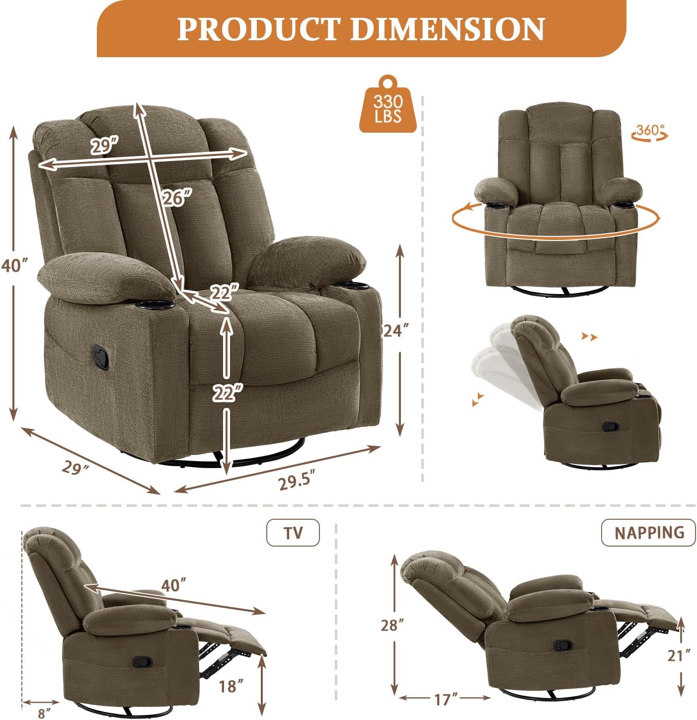 Swivel Rocker Recliner Chair for Adults – Manual Glider Sofa with Massage, Heat & Vibration, 360° Rocking for Living Room or Nursery (Light Brown, 30"x30"x40")