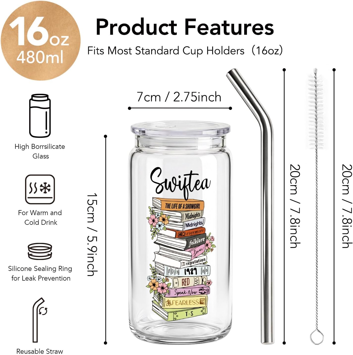 Fall Book Lovers Gifts for Women 16Oz Glass Cups with Lids & Straws, Cute Floral Coffee Tumbler for Bookish, Reading Lover Presents for Friend, Birthday Teacher Appreciation Gifts for Librarian
