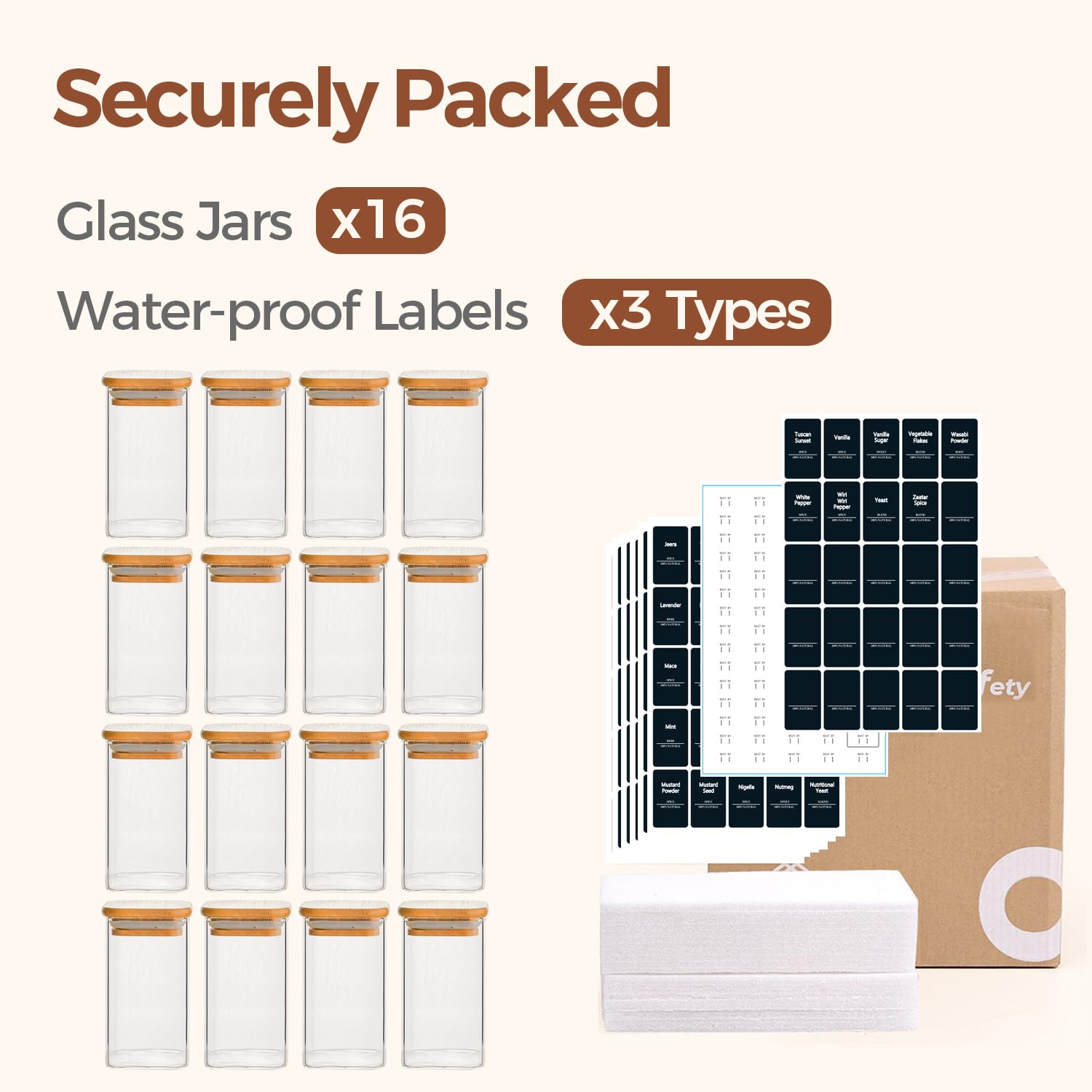 ComSaf Botes Especias Cristal 300 ml 16 Piezas, Botes Especias Cristal Cuadrados con Tapa, Frascos Especiarias Herméticos, para Sal, Pimienta, Canela, Ajo, Cocina, Mesa de Comedor y Hogar