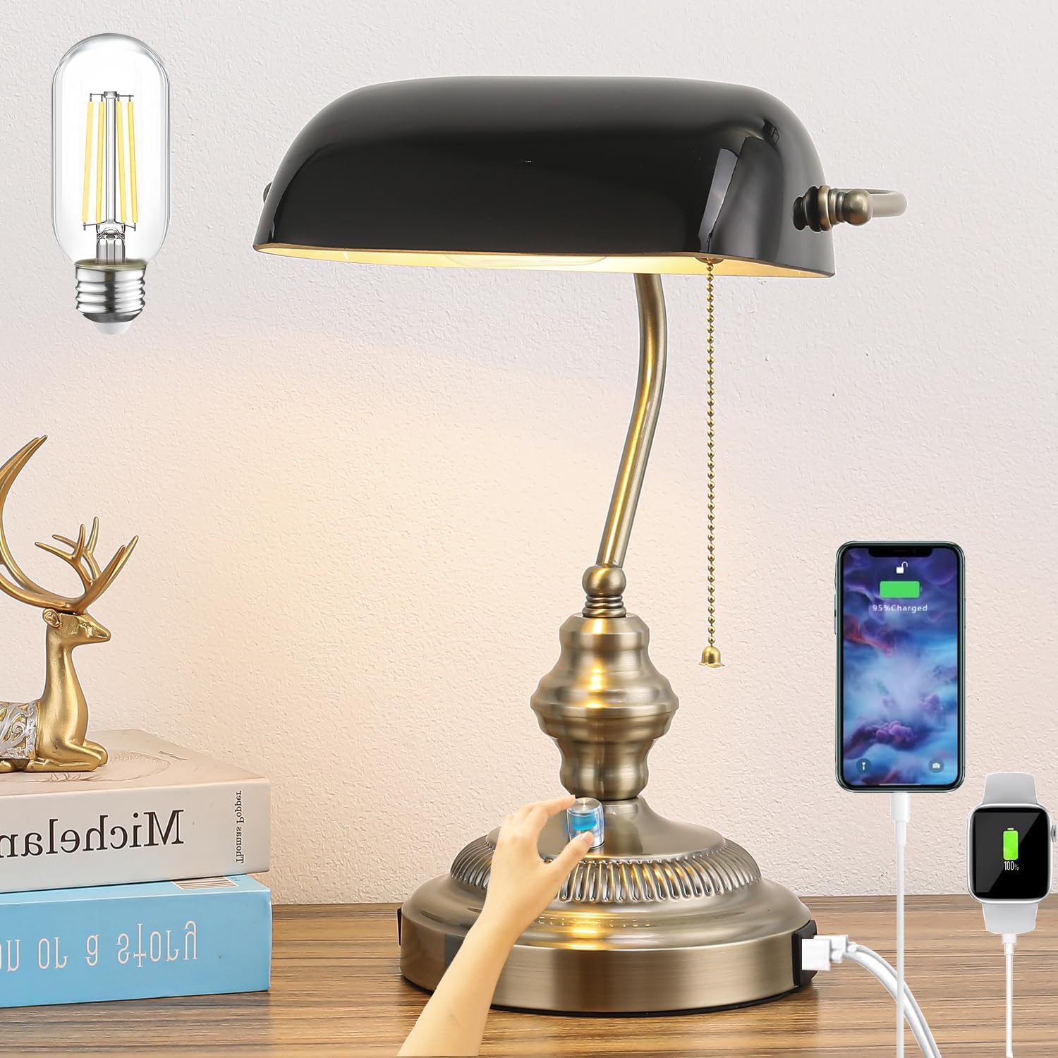 Rustic Banker's Desk Lamp Stepless Dimmable, Traditional Bankers Desk Lamp with USB Port and Outlet, Vintage Farmhouse Table Lamp for Home Office Library