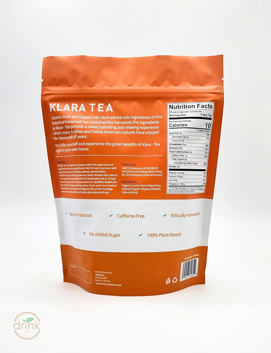 Drink Inc Klara Tea | Licorice Root & Slippery Elm | Premium Loose Leaf Tea | 6oz | 55 Servings