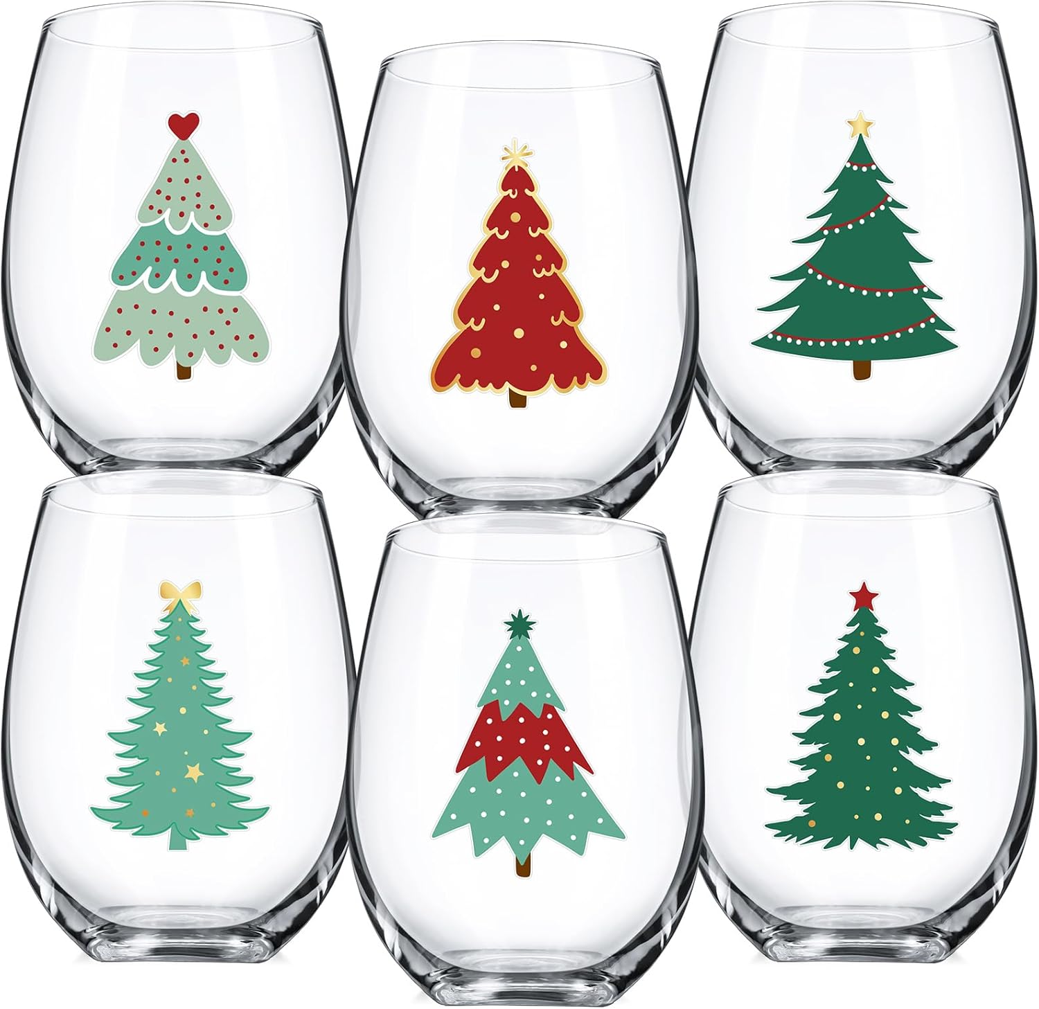 Umigy Set of 6 Winter Stemless Wine Glasses, 12 oz Winter Wine Glassware Funny Holiday Glass Drinkware Mug Cup for Holiday Festive Gatherings(Blue Sliver Xmas Tree)