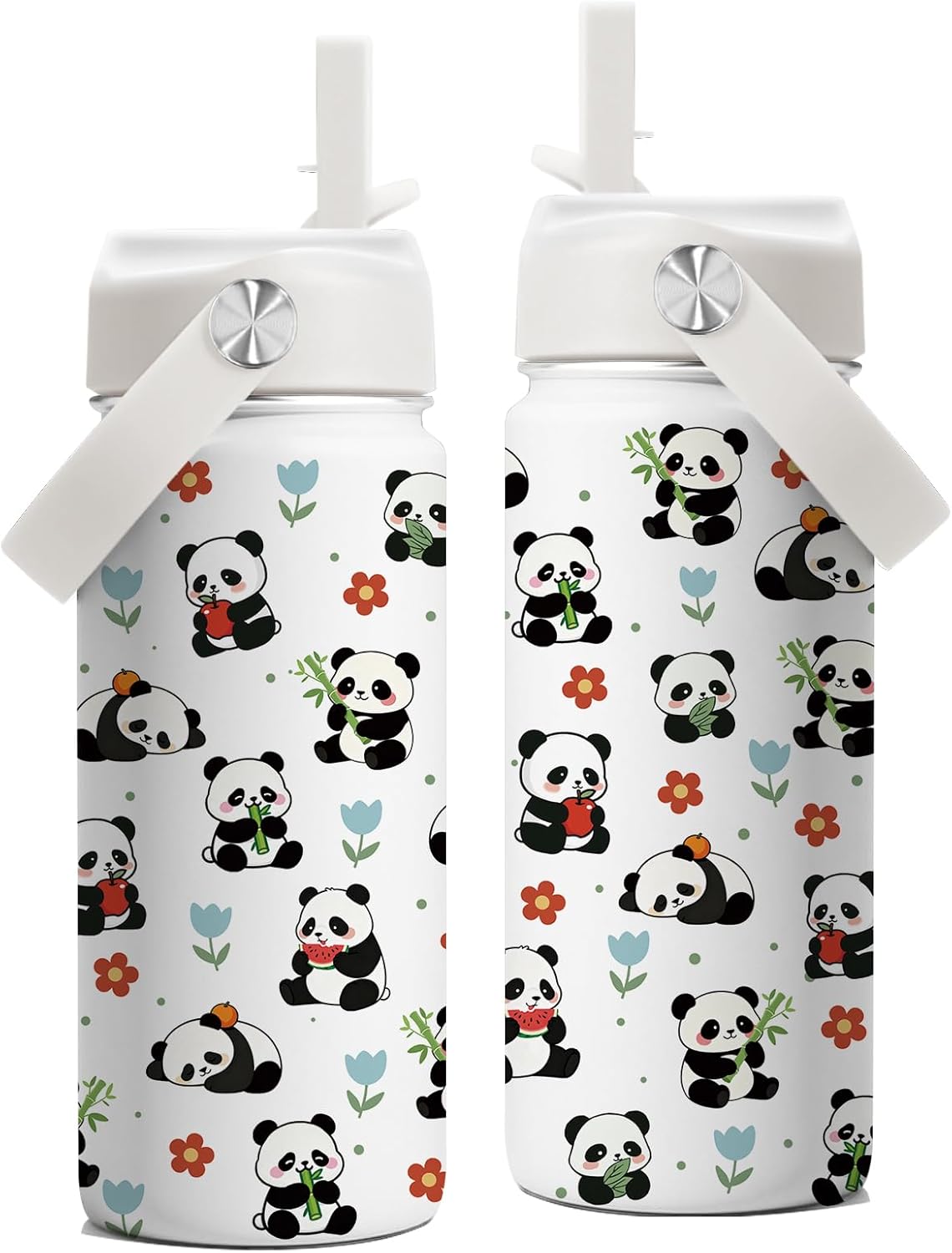 Panda Gifts for Girls Boys, 16 oz Water Bottle with Straw Lid, Panda Water Bottle, Stainless Steel Insulated Tumbler, Cute Animals Cups, Birthday Christmas Gifts for Animal Lovers