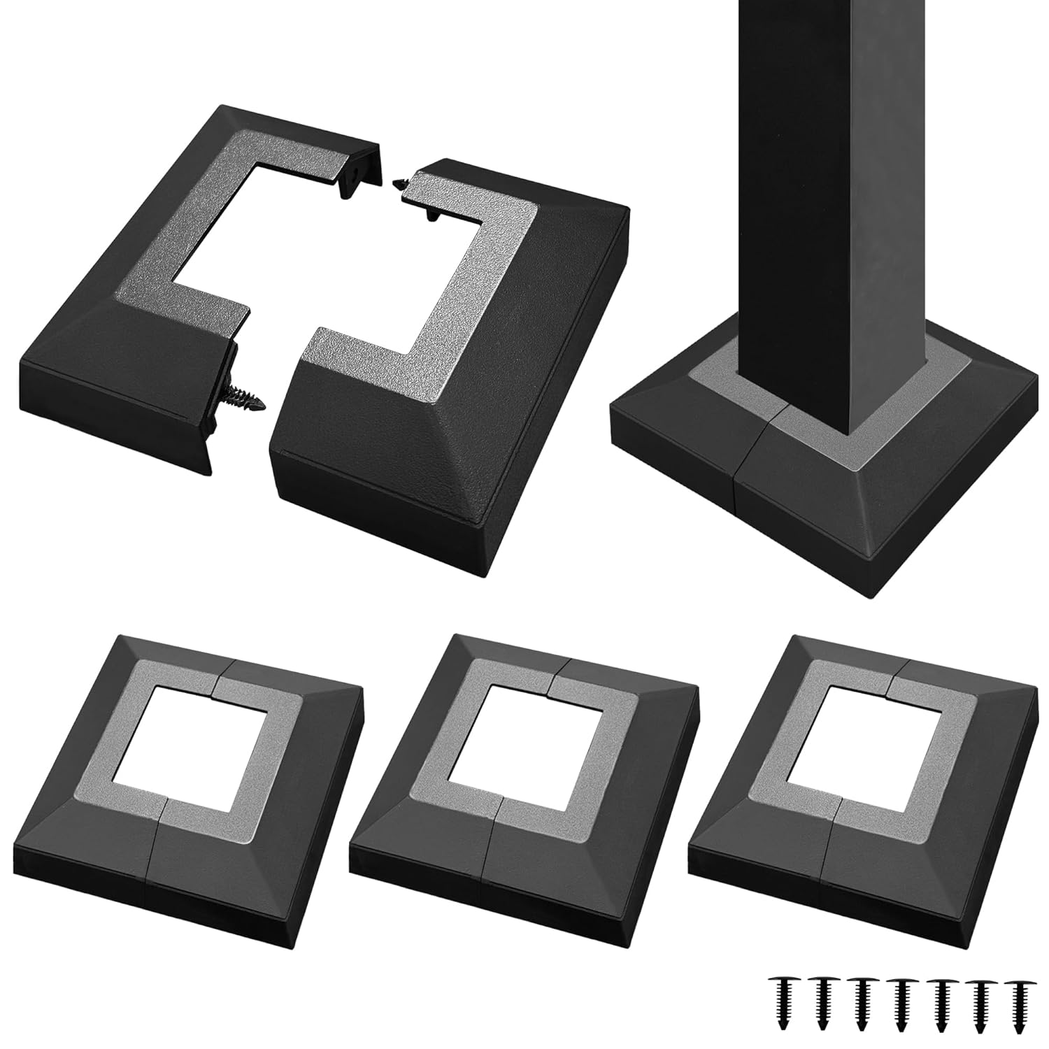 4 Pack 2X2IN Aluminum Split Deck Post Base Cover, Solid Fence Trim Skirt, Post Foot Protection Replacement for Porch Stairs Outdoor Decor Railing (4.7x4.7IN Outer Size) Matte Black