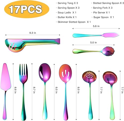 Miniatura 6 de Utensilios de servir arcoíris, 17 piezas de utensilios de acero inoxidable con cuchara de servir, cucharas ranuradas, tenedores, cucharón de sopa,