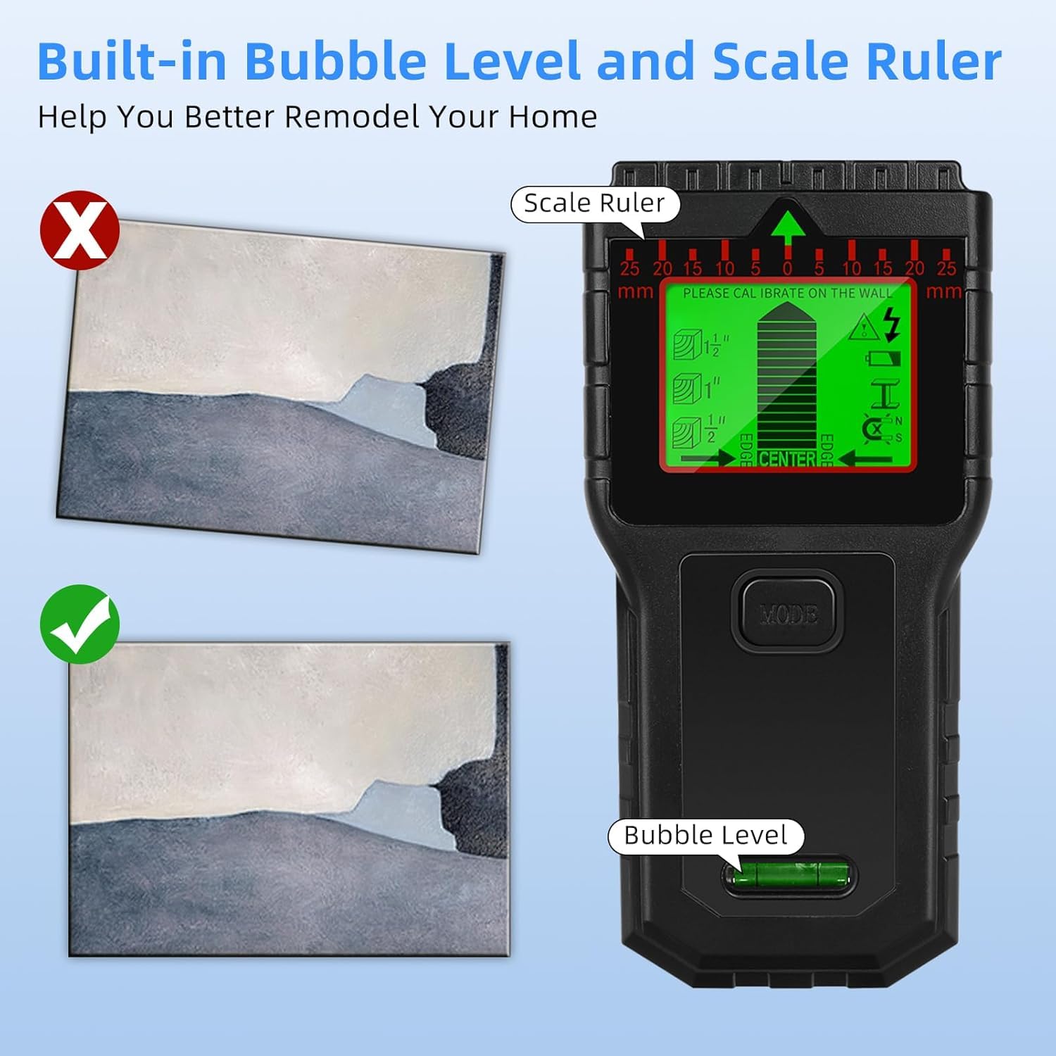 Detector Cables y Tuberias - Escáner Multifunción con Pantalla LCD y Alarma Sonora, Detector de Cables y Metales para Madera, Tuberías, Vigas y Cables de Corriente, Negro
