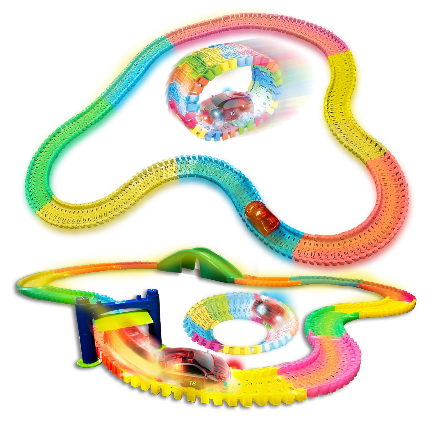 Mindscope Twister Tracks MagnaTracks 12 feet of Neon Glow in The Dark Magnetic Raceway with Accessories + Vehicle