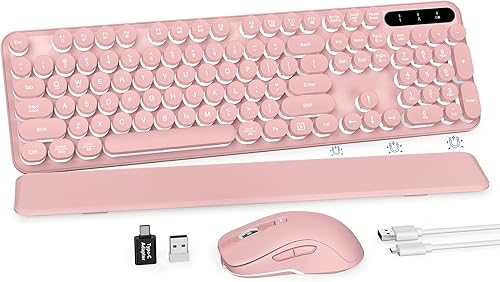 Miniatura 27 de Teclado inalámbrico, teclas redondas, teclado de máquina de escribir retro con reposamuñecas desmontable, modo de suspensión, patas plegables,