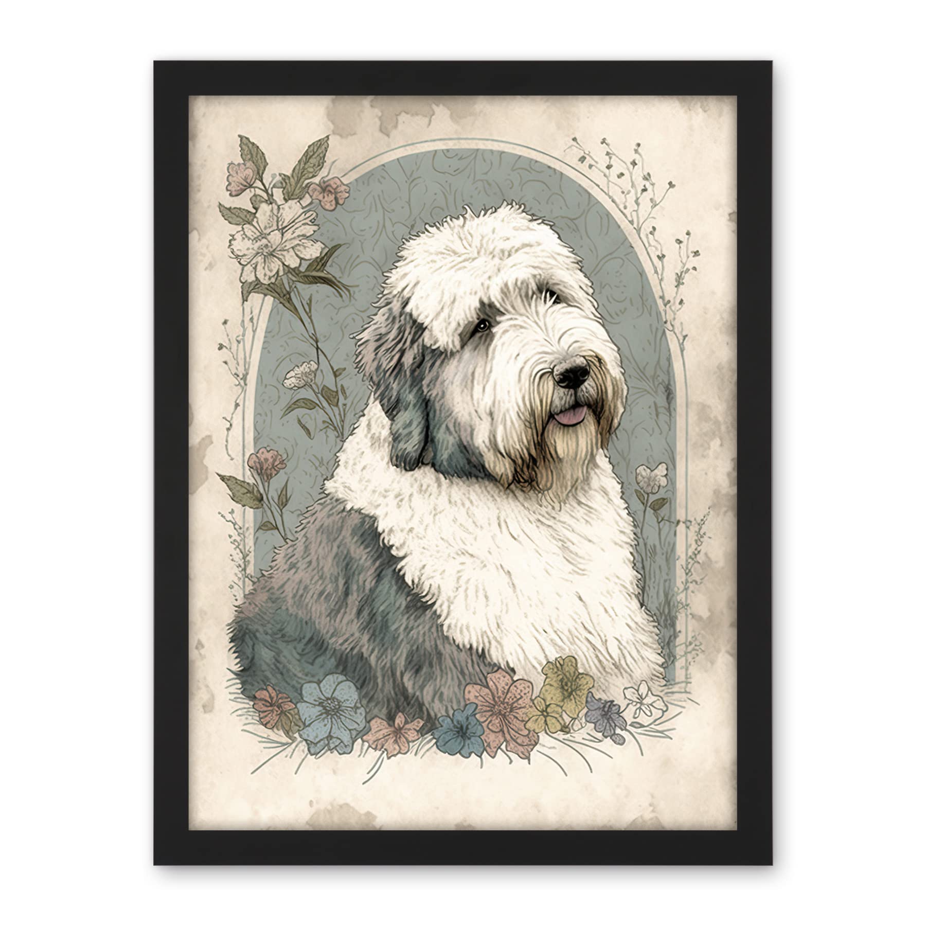 Artery8 English Sheepdog with Flower Blooms Boho Portrait Watercolour Illustration Artwork Framed Wall Art Print 18X24 Inch