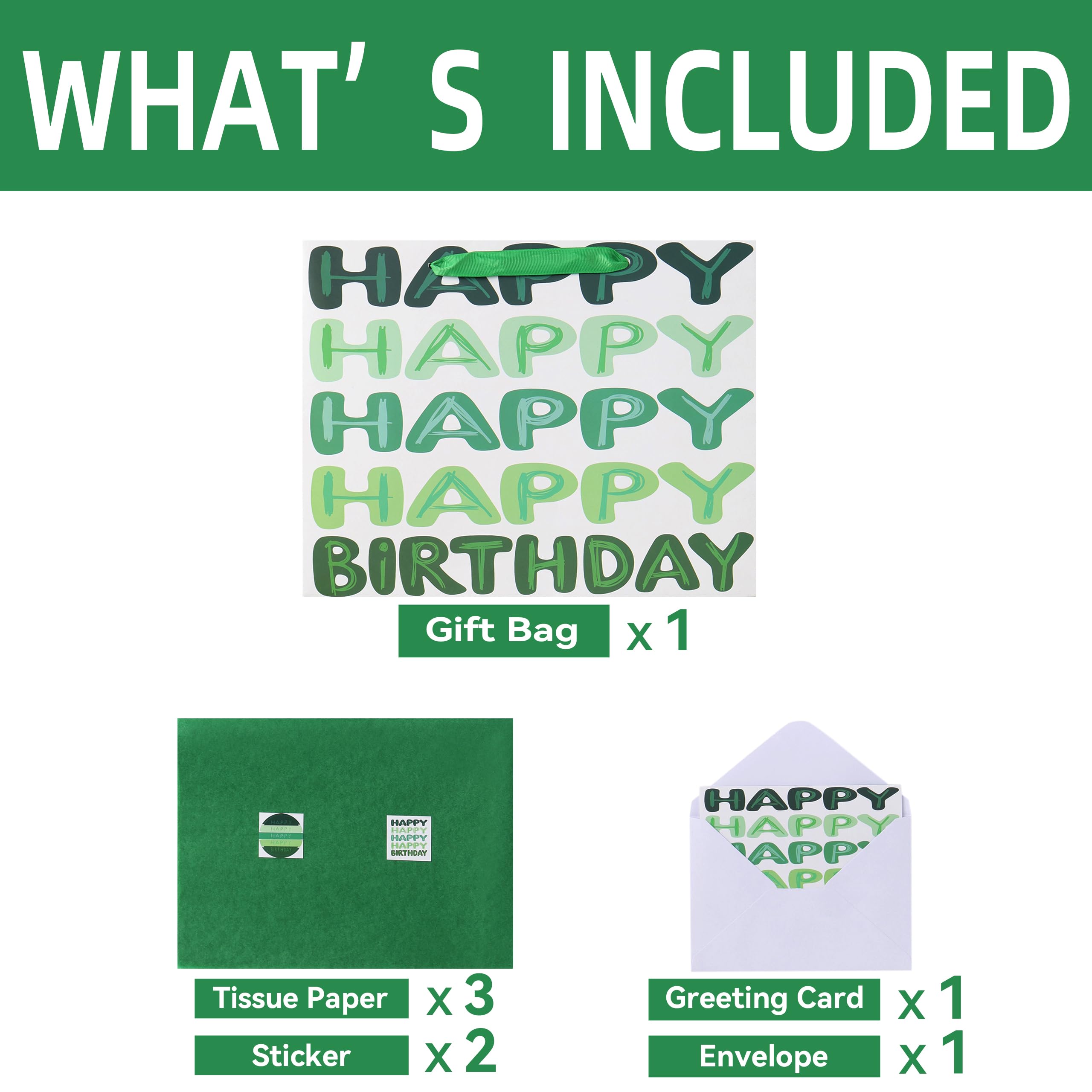 Qirrmiy 13'' Large Green Happy Birthday Gift Bag Set with Handles, Greeting Card, Tissue Papers and Stickers for Women Girls Men Boys Kids Teens, Words Design, 1 Pcs