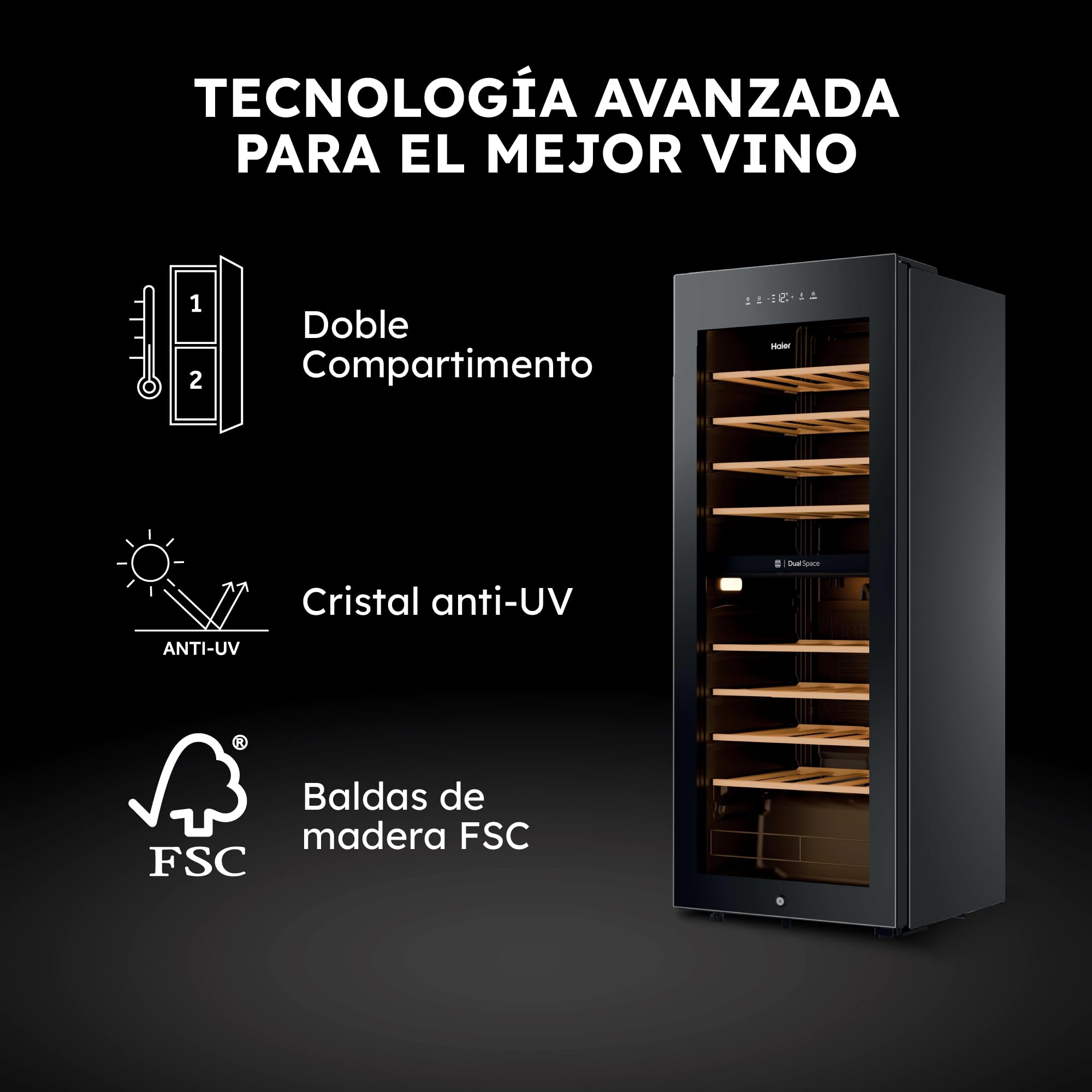 Haier Wine Bank 50 Series 5 HWS56GDG Vinoteca de 56 botellas, 2 Zonas independientes, Estantes de madera, Filtro Anti-UV, Sistema Antivibración, Display Digital, Iluminación LED, 37 dbA, Negra — view 2