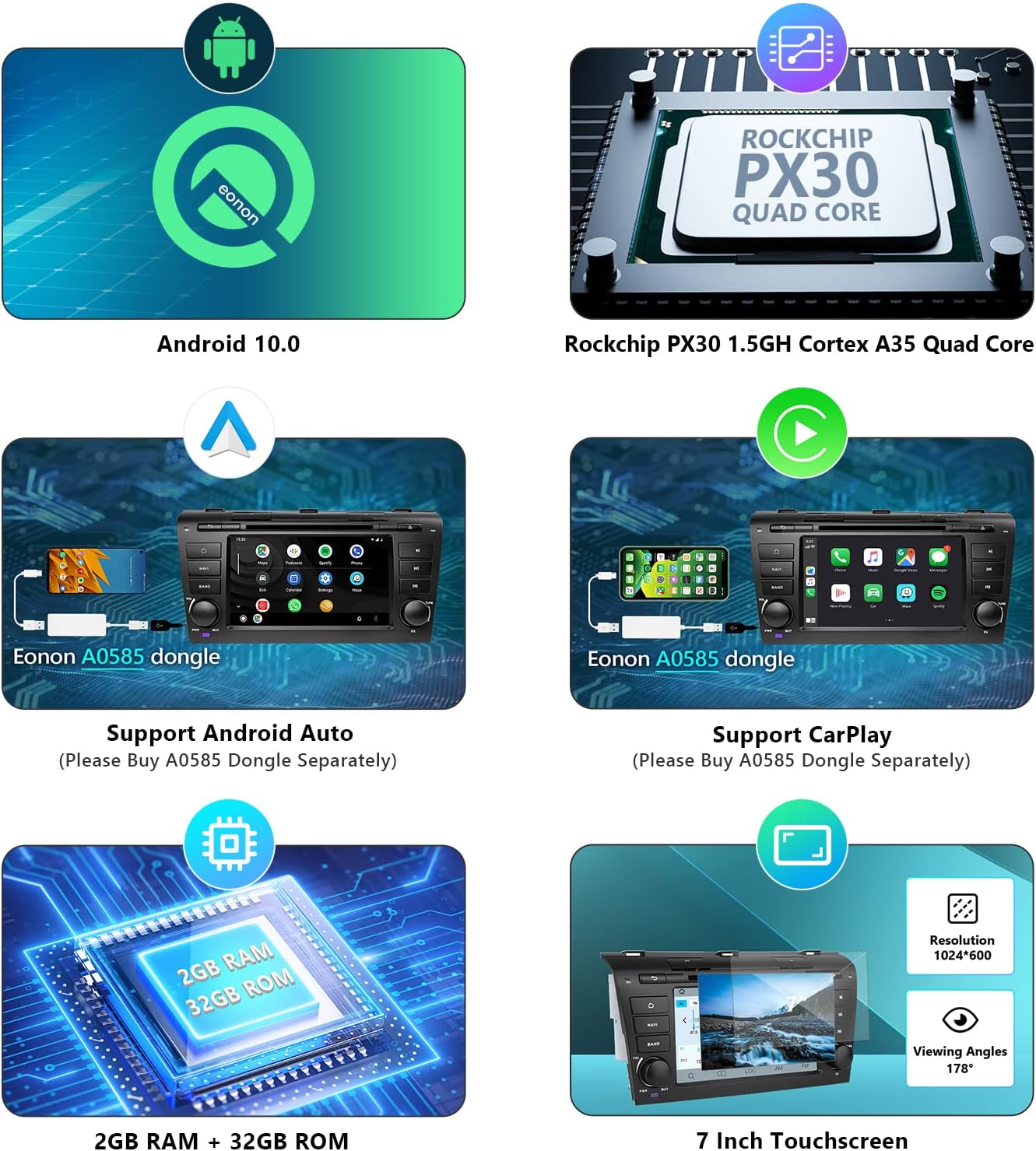 Gеt Sресіаl Prісе 2022 Android 10.0 Double Din Car Stereo, Eonon Quad Core Car Radio with GPS Navigation/Bluetooth 5.0, Compatible with Mazda 3 (2004-2009), Support CarPlay/Android Auto/Fast Boot-7 Inch-GA9451