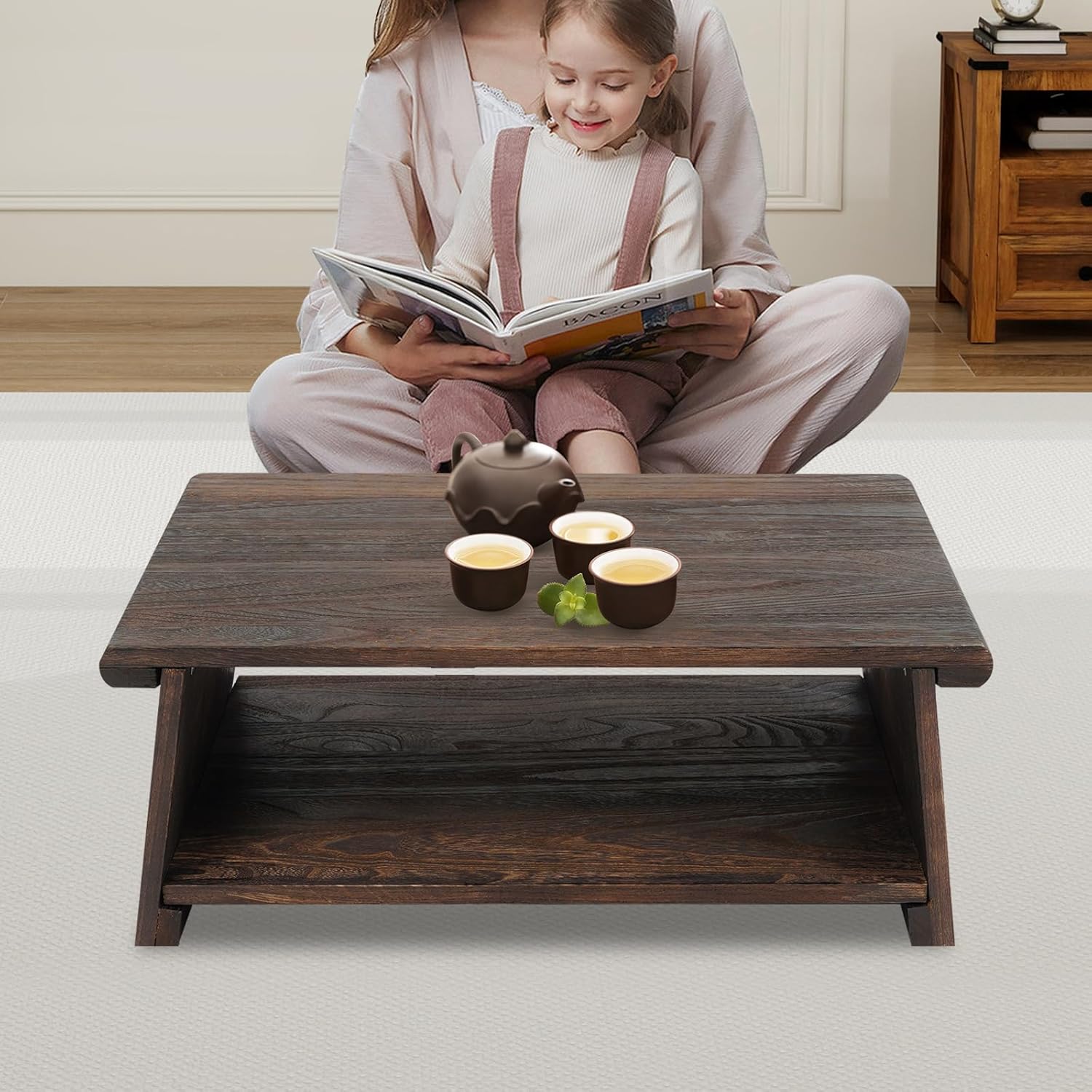 Folding Antique Altar Table,Wooden Floor Table for Spiritual Japanese Tea Table for Sitting on The Floor Meditation for Homes Offices Balconies Meditation Rooms