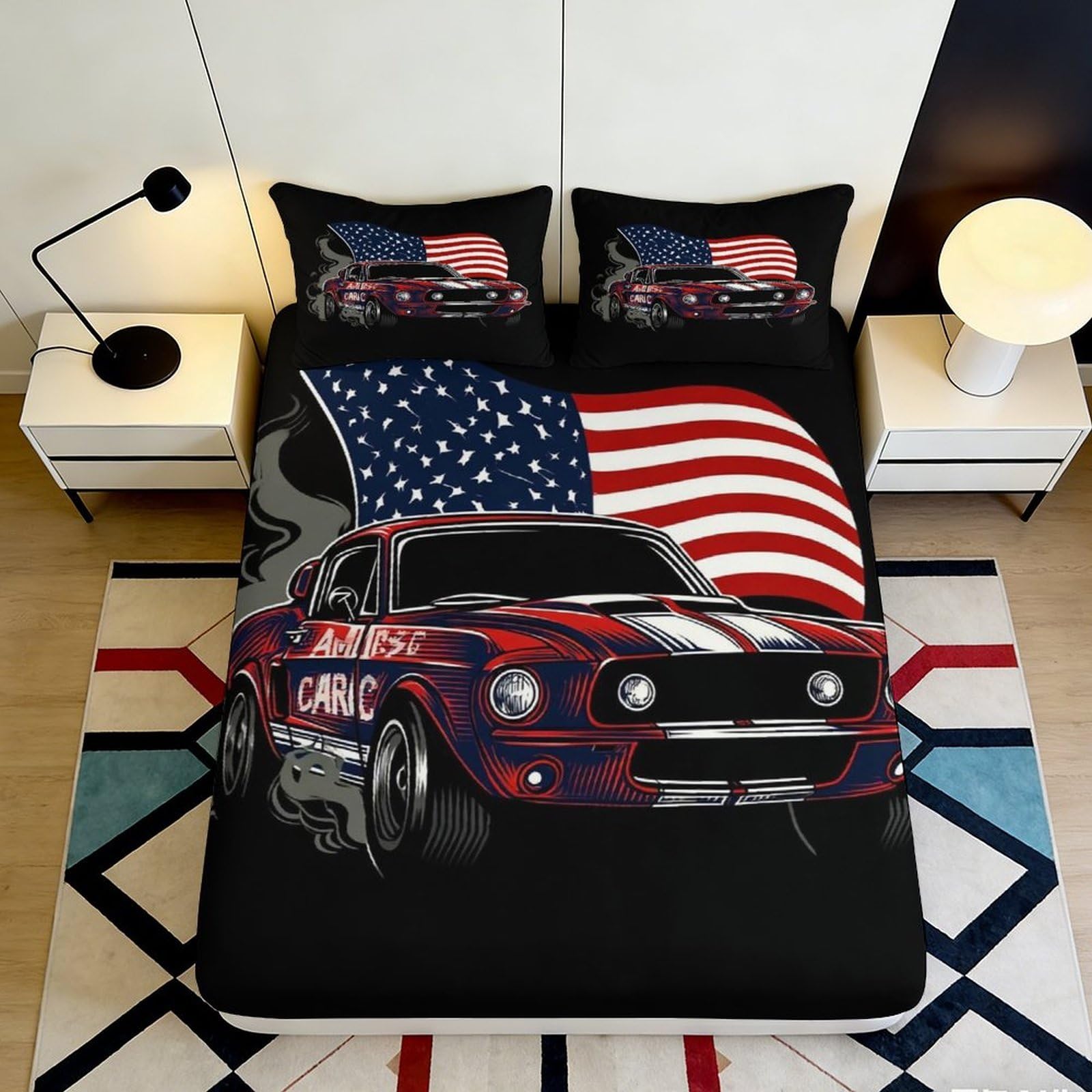 3D Printed American Flag Classic Car Fitted Sheet Microfiber Durable Soft Bed Cover with 3D Design for Bedroom Dormitory Guest Room 120x200x25cm