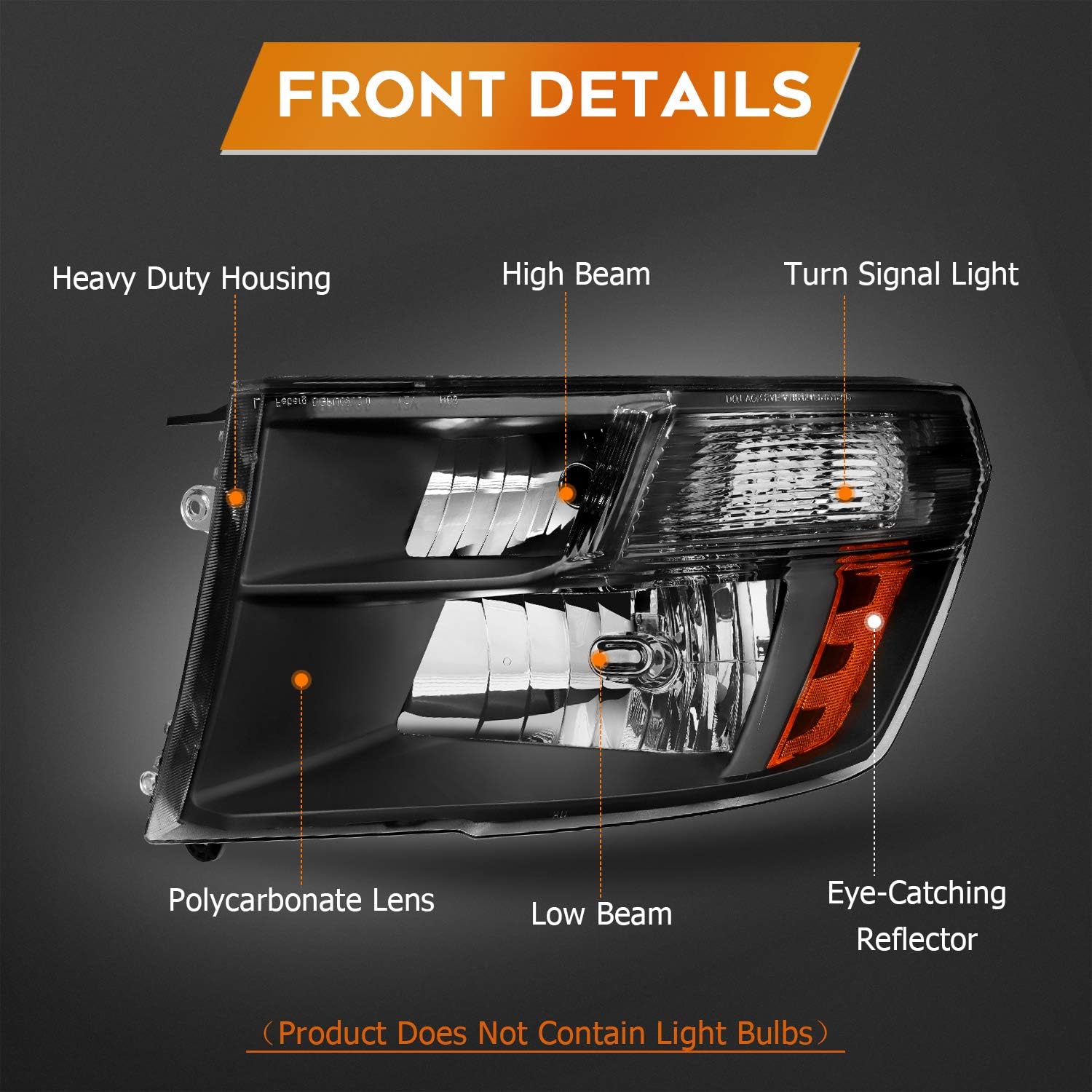 Headlight Assembly for Dodge for Ram 1500 2009-2018 for Dodge for Ram 2500 2010-2018 for Dodge for Ram 3500 2010-2018 Black Housing Amber Reflector Clear Lens Driver and Passenger Side Headlamp