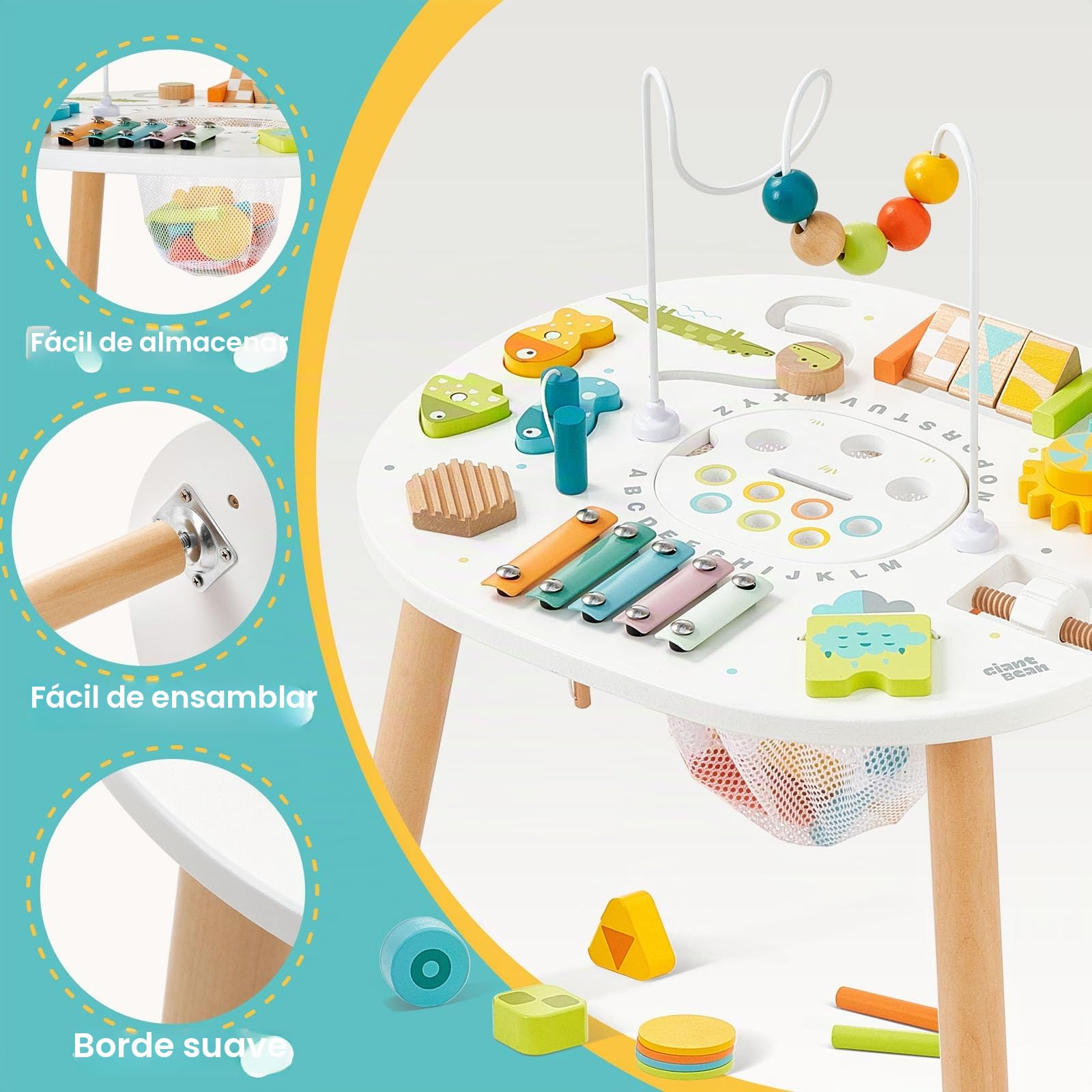 Giant bean Mesa de actividades de madera para niños de 1 año, mesa de aprendizaje Montessori 11 en 1 con laberinto de cuentas, clasificador de formas, juego de pesca y más, juguete de desarrollo