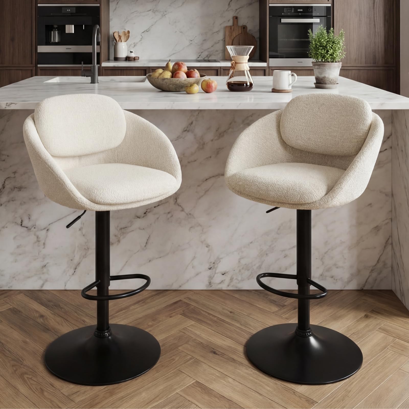 Ya-Home Juego de 2 Taburetes Altos de Cocina de Chenille Girotorio con Brazos y Altura Ajustable, Sillas Altas de Cocina con Base de Metal, Taburetes de Bar para Isla Barra/Restaurante,Beige