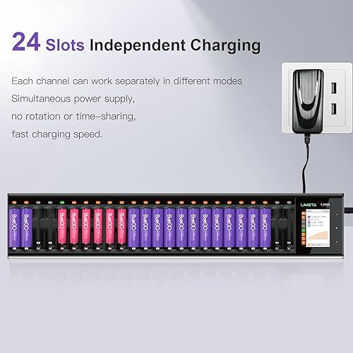 Miniatura 3 de LIMETA Cargador de batería AA AAA de 24 bahías, carga rápida USB, pantalla LCD, protección contra sobrecarga, baterías domésticas recargables AA AAA