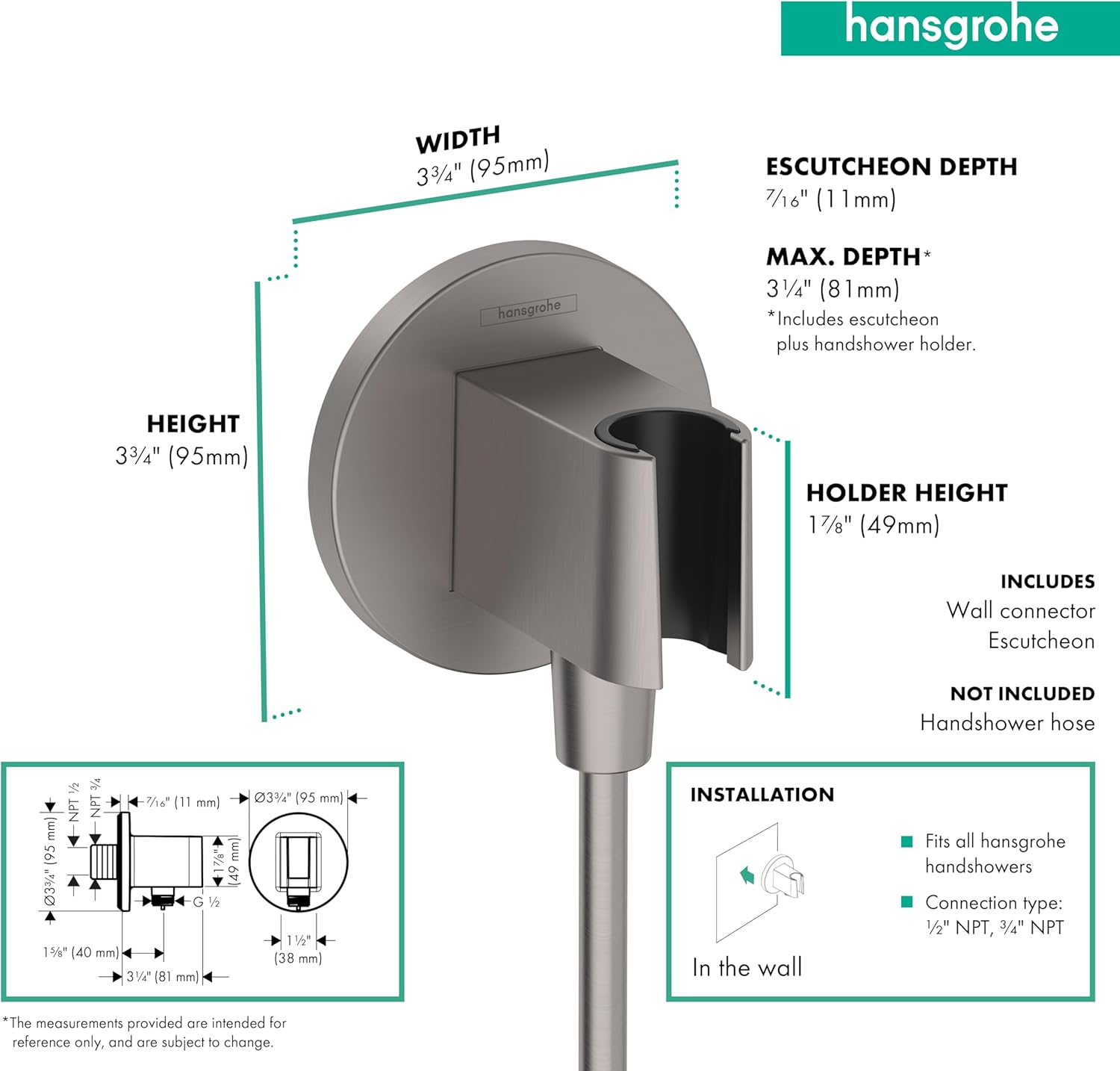 hansgrohe Handheld Shower Wall Outlet 1/2-inch Thread Connection in Brushed Black Chrome, 26888341
