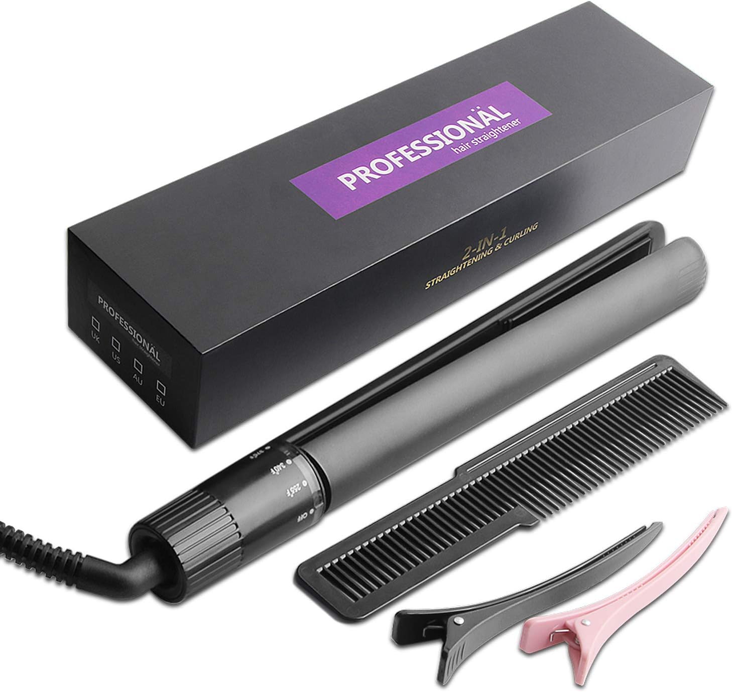 Hair Straightener and Curler Ceramic 2 in 1 Curling Iron Hair Straightening Iron Wide Plate 360°Swivel Cord, Heat up Fast Hair Iron with Rotating Adjustable Temperature and Salon High Heat 255°F-450°