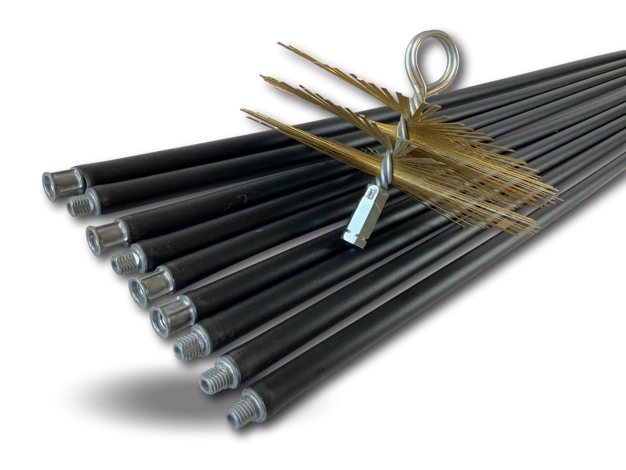 Kit de ramonage classique conduits non gainés | Hérisson acier plat | Ø 250 mm | 9 * 1,4 m | 9 cannes noires Ø 17mm creuses | Cheminées | Kibros 4KIT25ALO