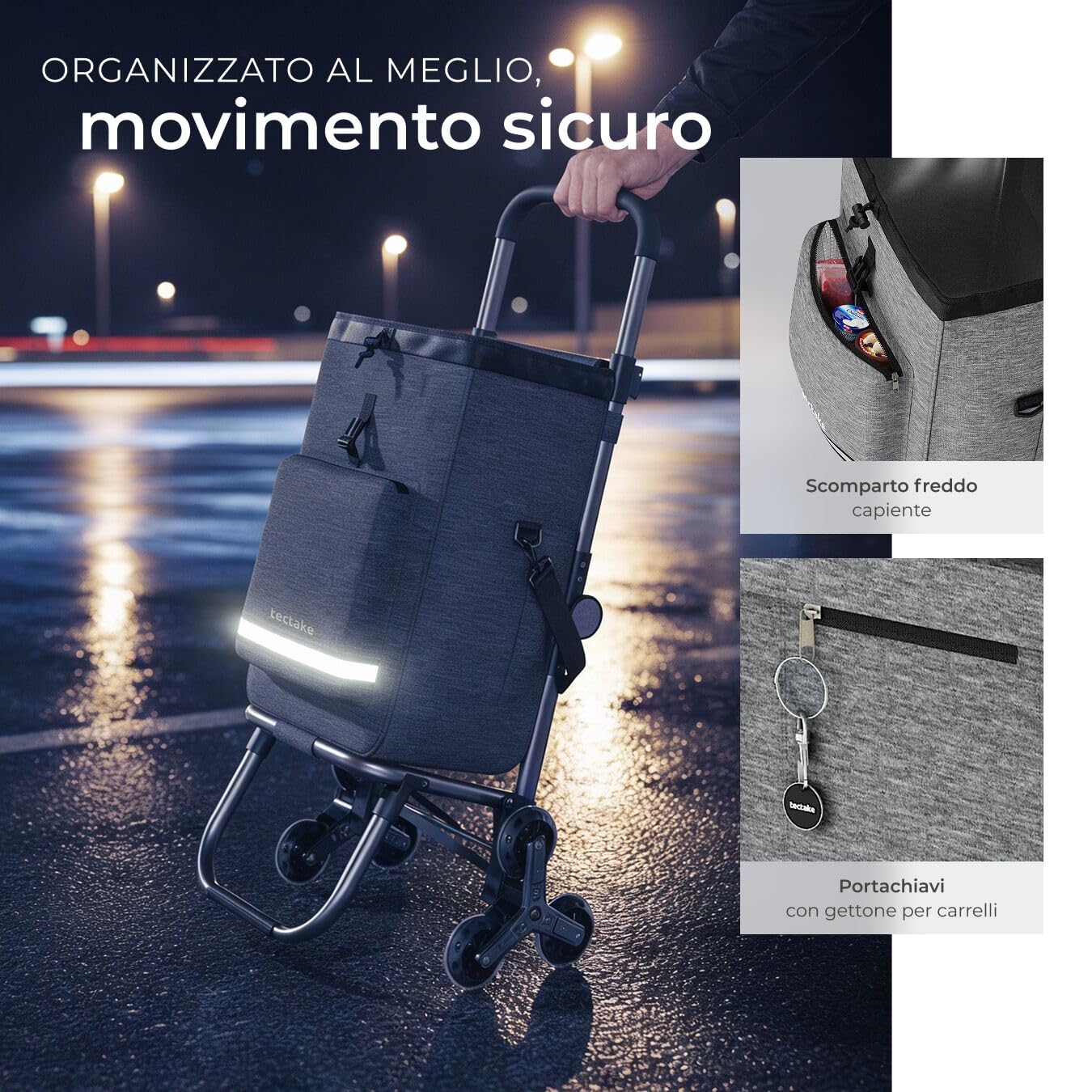 tectake® Carrello Spesa Shopper 3 in 1, Trolley Pieghevole con Borsa Termica per Surgelati, Carrello con Ruote Portatutto, Carrellino Spesa Con Ruote a Stella, Capacità max 30 kg / 56 L - Grigio