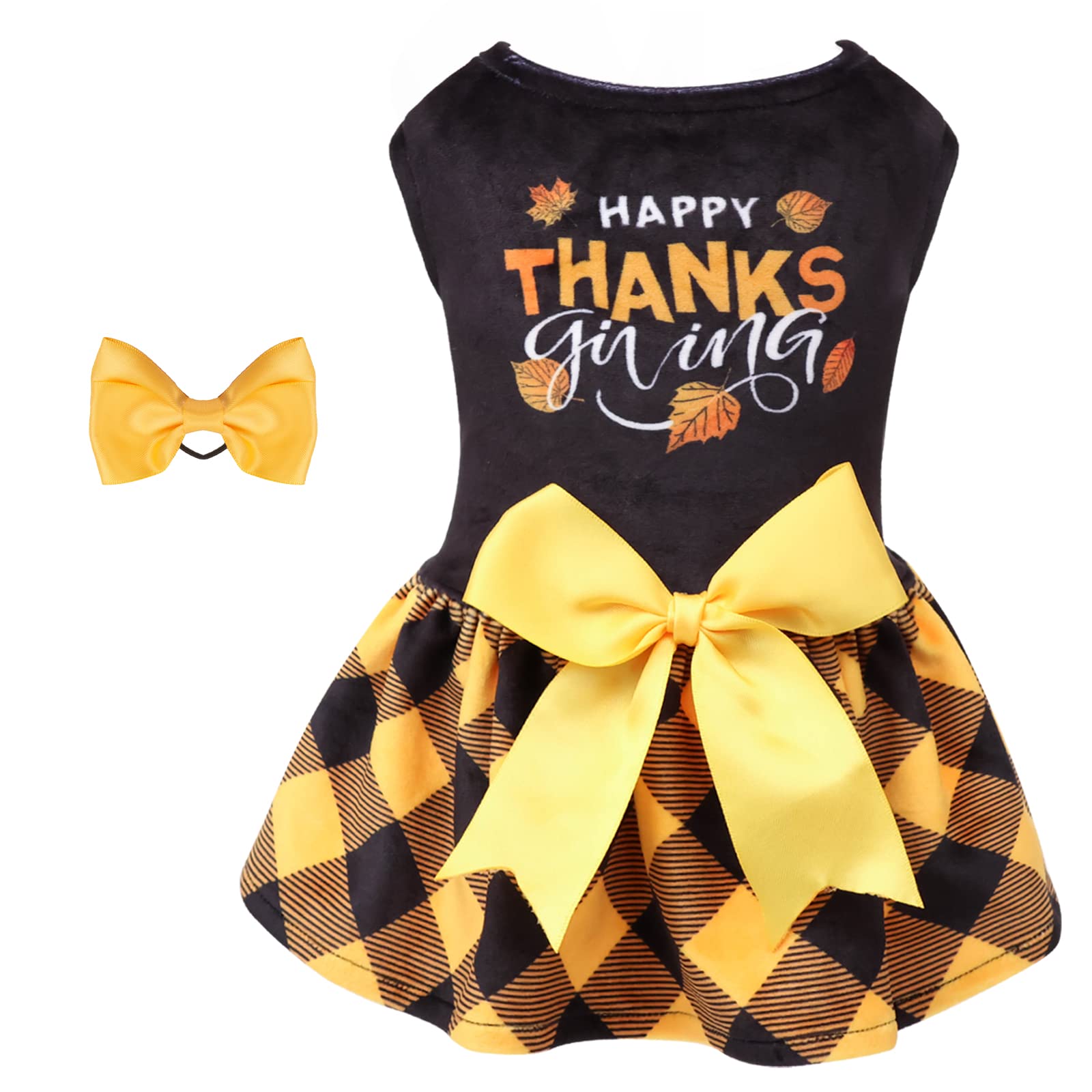 CuteBone Happy Thanksgiving Day Dog Fall Dress Costume Velvet for Small Dogs Girl Puppy Dresses Yellow Plaid Dog Clothes CVA03L-D