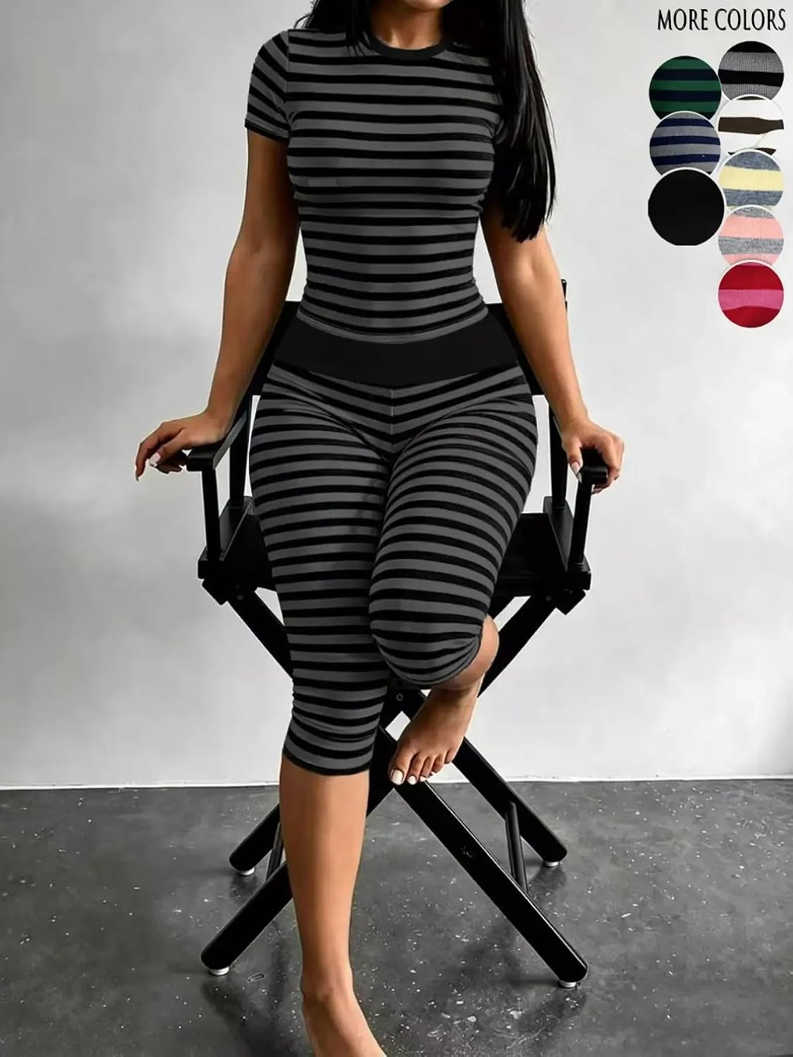 Striped Two Piece Loungewear Set Crew Neck Slim Crop Top