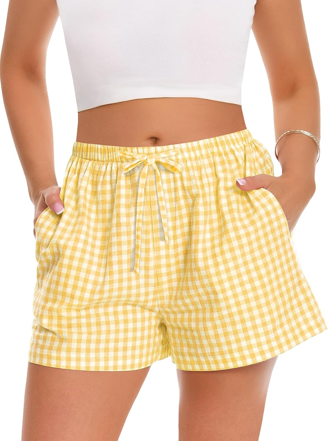 Women Boxer Shorts Comfy Gingham Drawstring Pajama Bottom Plaid Casual Pants with Pocket(Yellow, M)