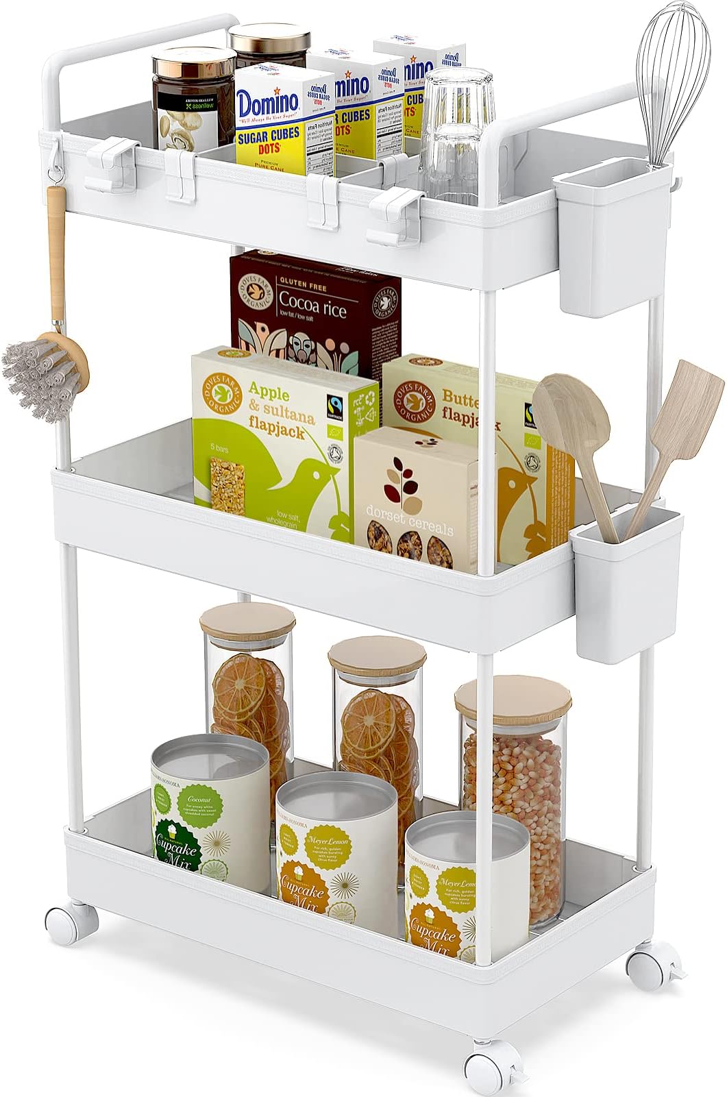 Slim Storage Trolley, 3 Tier Rolling Cart Storage Organizer, Utility Rolling Cart with Handle Hanging Cups Dividers for Office Bathroom Kitchen Laundry Room Narrow Places, White