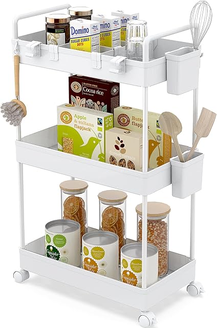 Ronlap Slim Storage Trolley, 3 Tier Rolling Cart Storage Organizer, Utility Rolling Cart with Handle Hanging Cups Dividers for Office Bathroom Kitchen Laundry Room Narrow Places, White