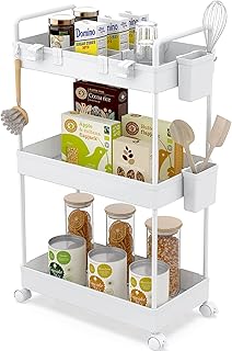 Ronlap Rollwagen Küchewagen mit 3 Ebenen, Servierwagen mit Aufhängebecher, Separator, Haken, Regal auf Rollen für Küche, Schlafzimmer, Büro, Weiß