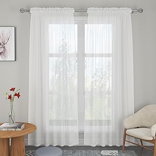 White Sheer Curtains Set Semi Light Filtering Voile Rod Pocket Curtains for Windows Treatment Living Room 80 Inch Length Voile Bedroom Linen Textured Panels Drapes 2 Panels 52"x80"