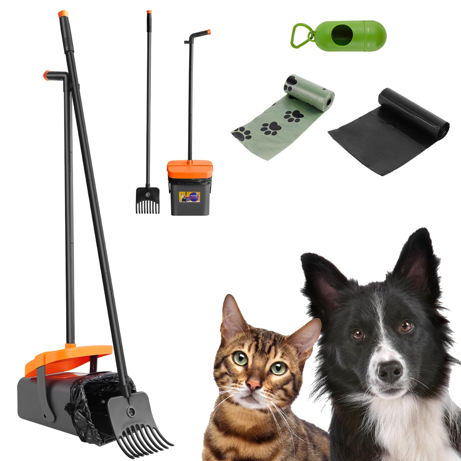 Dog Pooper Scooper with Swivel Bin & Rake, Adjustable Long Handle, 35 Waste Bags, Non-Breakable & Easy to Clean Pet Poop Scooper for Dogs,Cats, Portable Dog Poop Picker Upper, Pet Waste Use for Grass