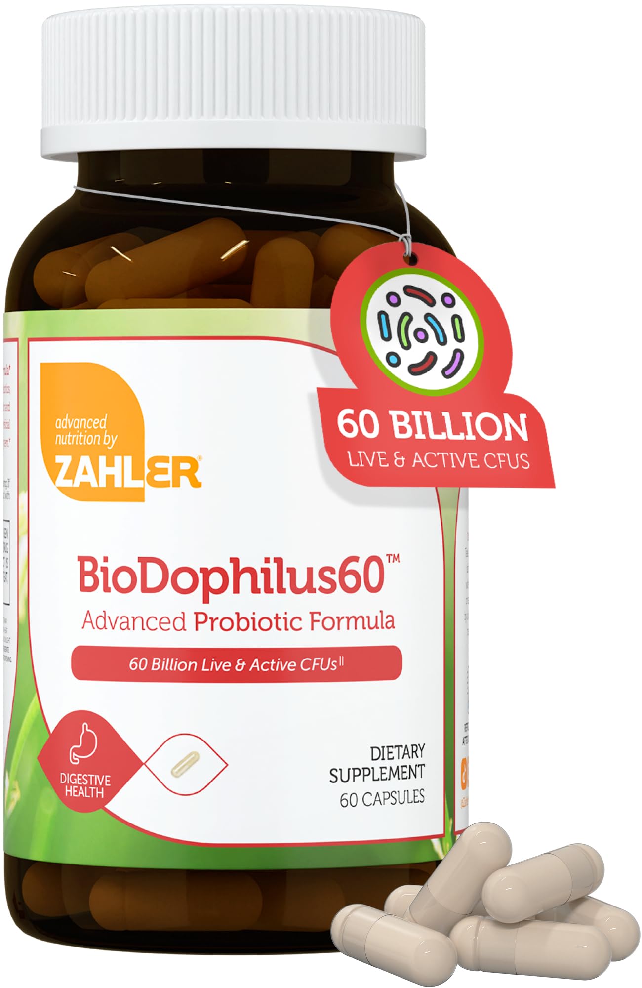 Zahler BioDophilus60, 60 Billion CFU Probiotic + Prebiotic - 11 Strains Daily Probiotic Supplement - Kosher Probiotics for Women for Digestive Health, Probiotics for Men for Gut Health (60 Capsules) 60 Count (Pack of 1)