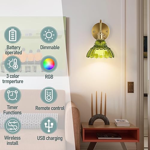 Miniatura 5 de Juego de dos apliques de pared vintage que funcionan con pilas, para interiores, no cableados, de latón y cristal verde, luces de pared RGB