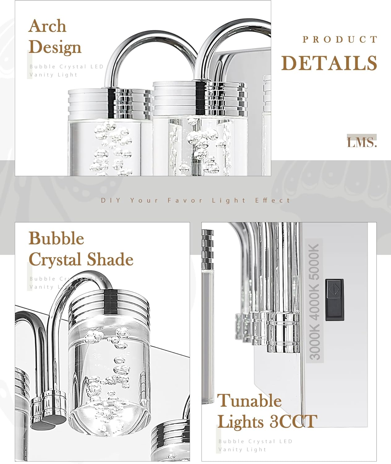 LMS LED Chrome Vanity Light, Farmhouse Bathroom Wall 4-Light Fixtures Over Mirror, 16W 3000/4000/5000K 3CCT, Bathroom, Powder Room, LMS-194