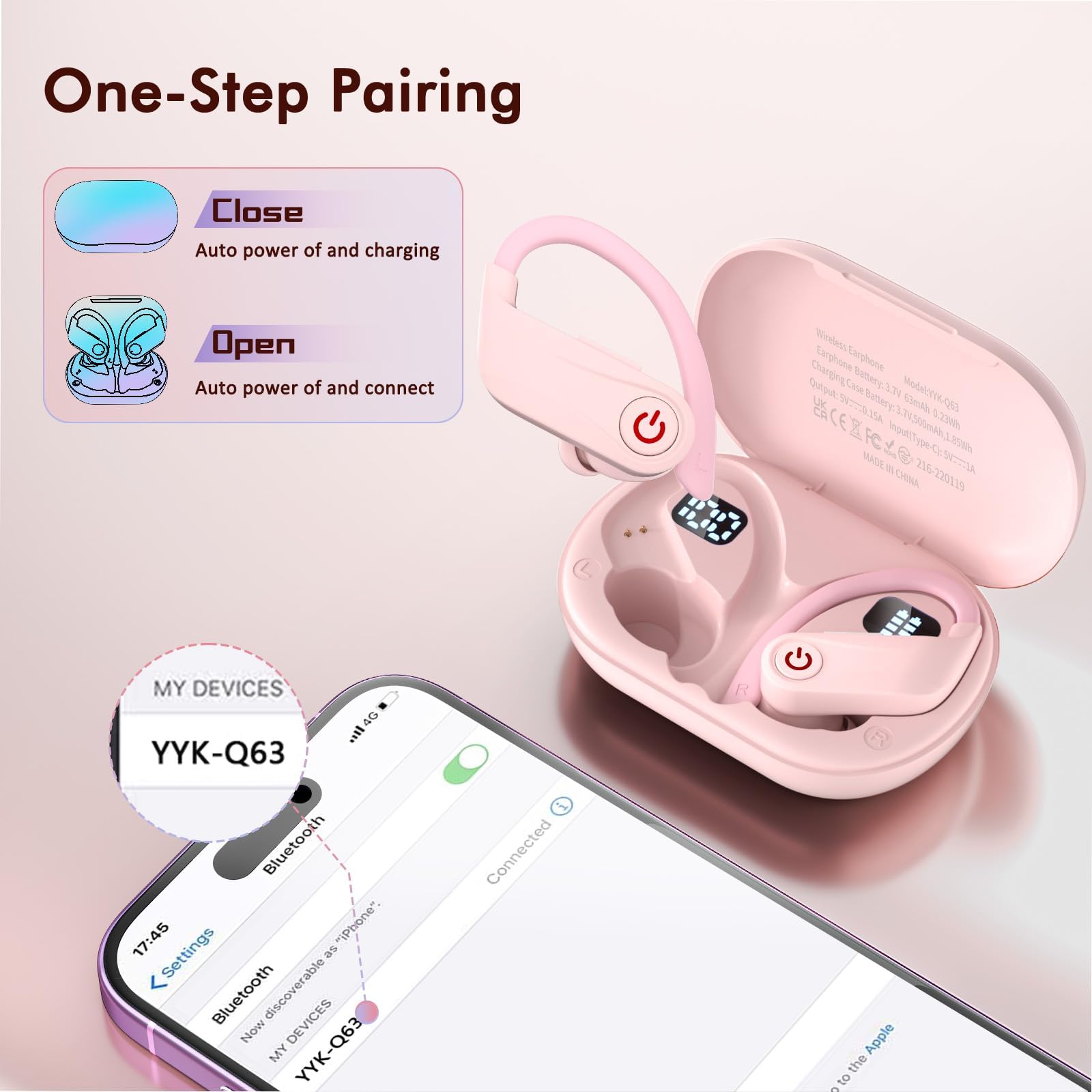120 Ore Cuffie Bluetooth 6.1 Sport, Auricolari Bluetooth (Rosa Chiaro | HiFi Stereo Cuffiette per Running, Cancellazione Rumore 4 HD Mics,IP7 Impermeabili , Cuffie In Ear Senza Fili LED Display