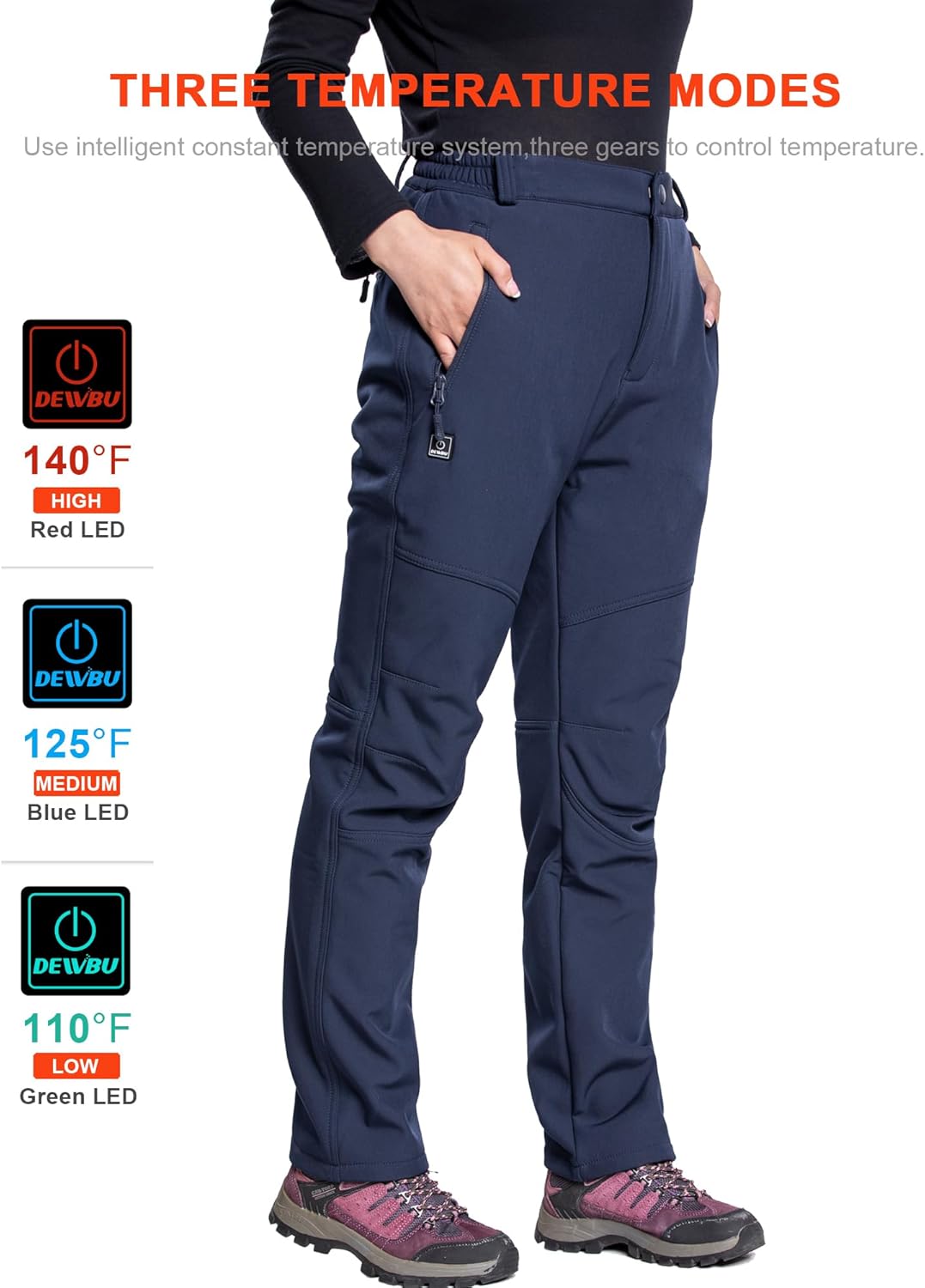 DEWBU Heated Pants for Women with 12V Battery Pack Fleece Lined Outdoor Softshell Pants Electric Heating Trousers - Image 4