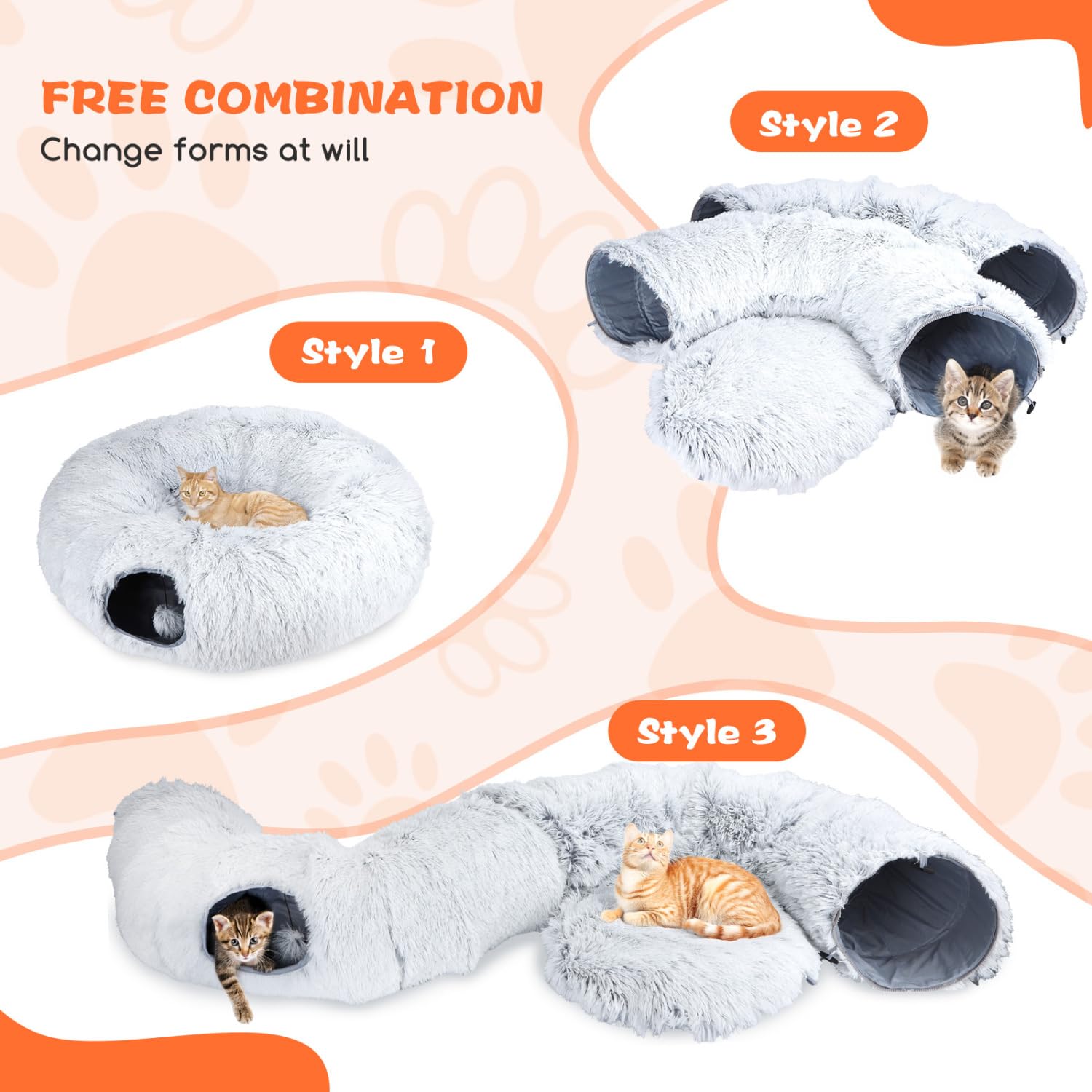 Nobleza Túnel para Gato de Peluche, 2 en 1 Cama Tunel para Gatos con Cojín Extraíble, Tunel Plegable para Mascotas con 2 Agujeros y Bolas Juguetes para Gatos Gatito Conejo Hurones