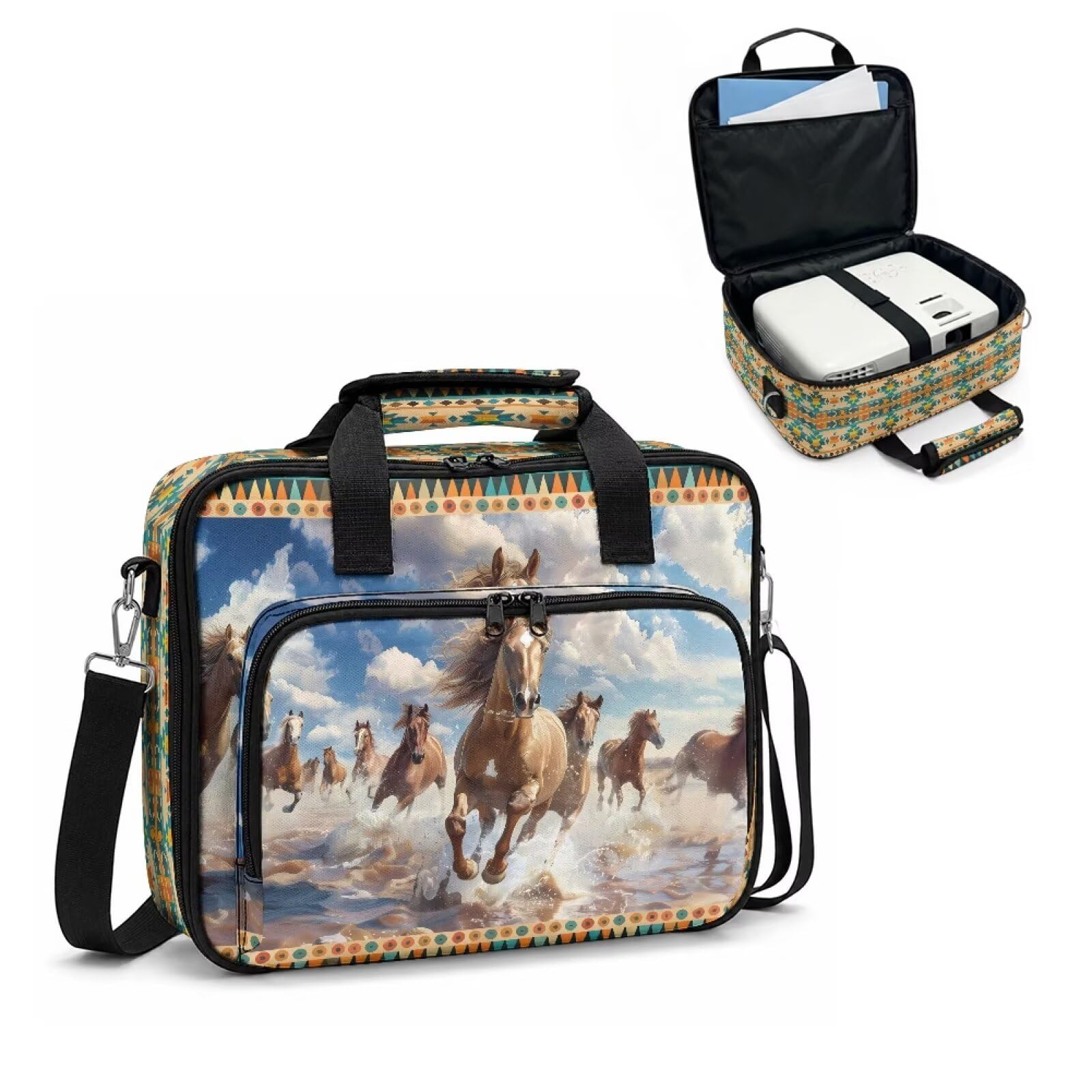 Aztec Horse - Funda de transporte portátil para proyector, bolsa de almacenamiento de viaje con correa de hombro desmontable para proyector, cables y dispositivos multimedia, esencial de