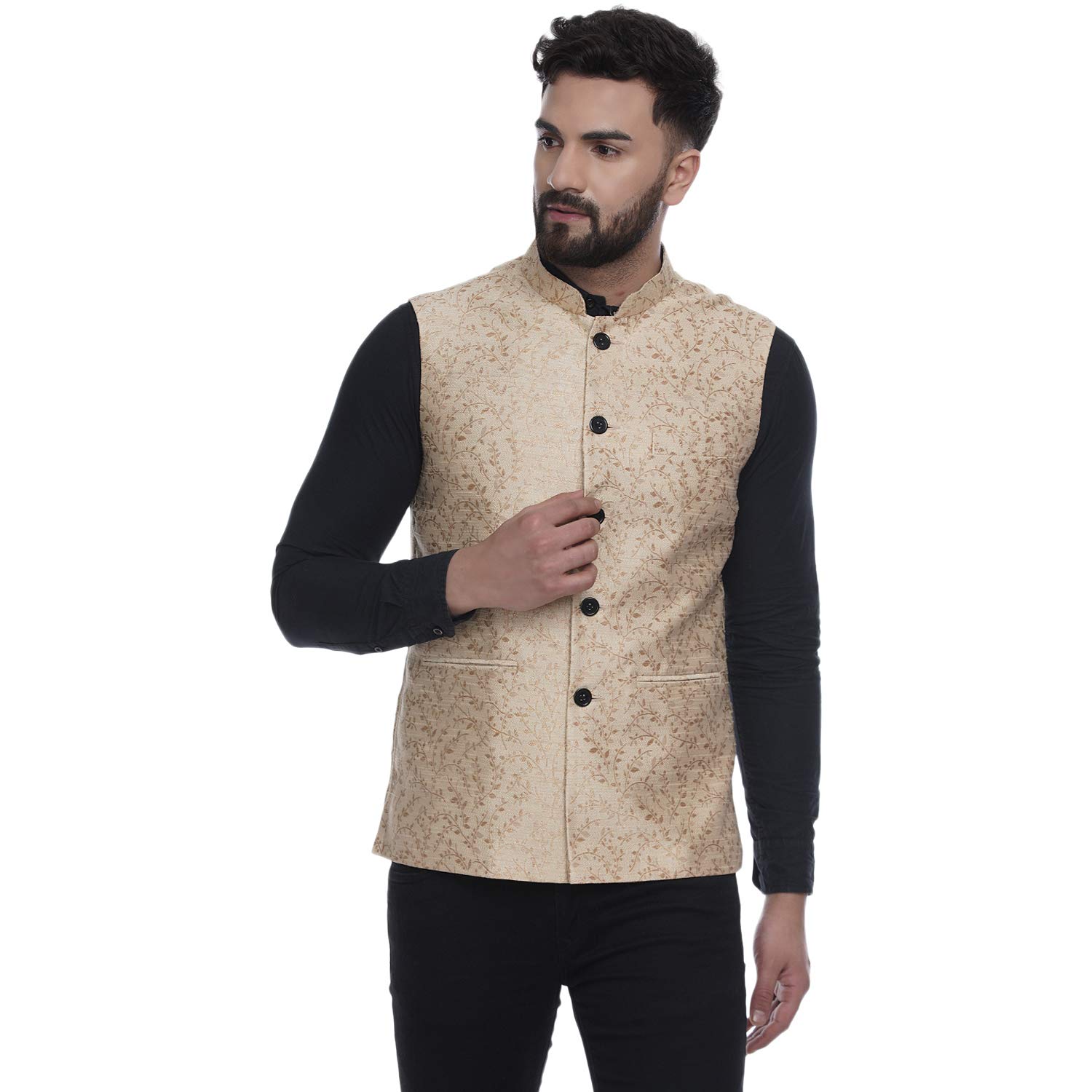 Golden Banarasi Printed Nehru Jacket (gold)-image-32