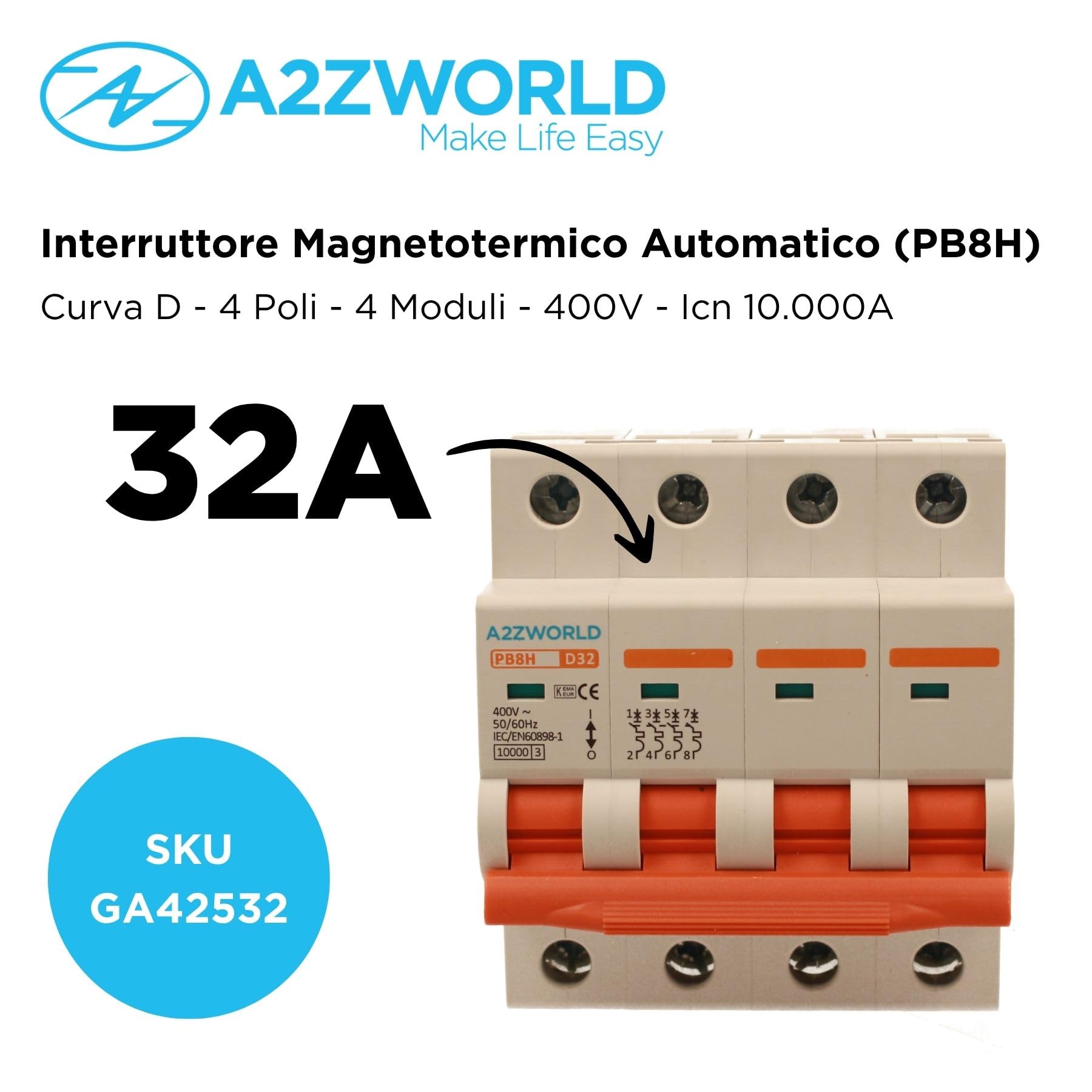 Interruptor magnetotérmico trifásico 4P 32A D32, curva D 10kA, 4 módulos DIN 380 V AC, certificado IEC60898-1, serie PB8H profesional
