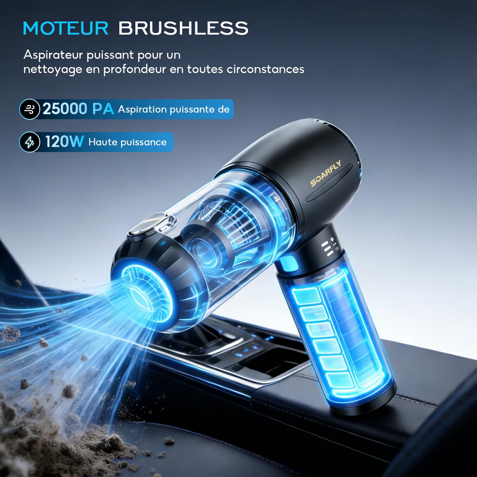 Aspirateur Voiture Puissant Sans Fil, Aspirateur de Voiture à 2 Vitesses Avec Moteur sans Brosse, Mini Aspirateur de Voiture, Cuisine, PC, Canapé, Bureau, Maison et Nettoyage des Poils d'animaux