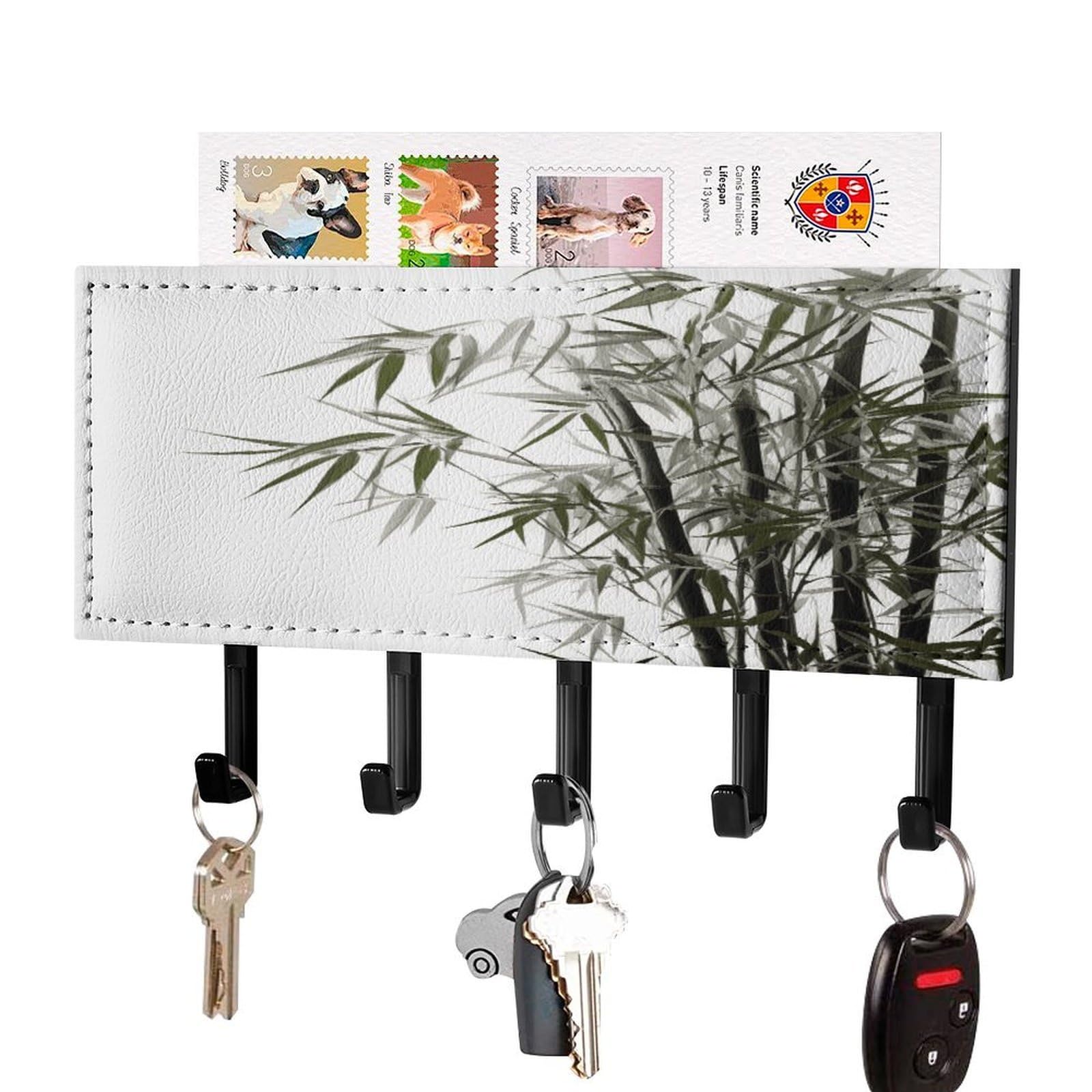 Fekiloot Black-Style Asian Bamboo Key Holder Wall Mount Key Hanger With 5 Hooks Decorative Key Rack Hanging Key Hooks With Mail Organizer Key Holder For Wall Living Room Kitchen Bathroom Hallway Black