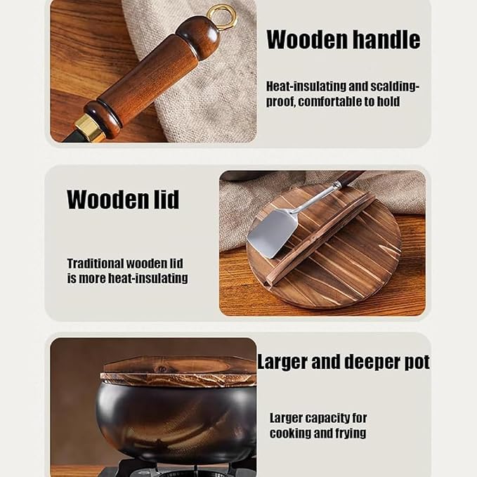 Wok de hierro fundido sin recubrimiento, 28 cm, con tapa de madera miniatura 4