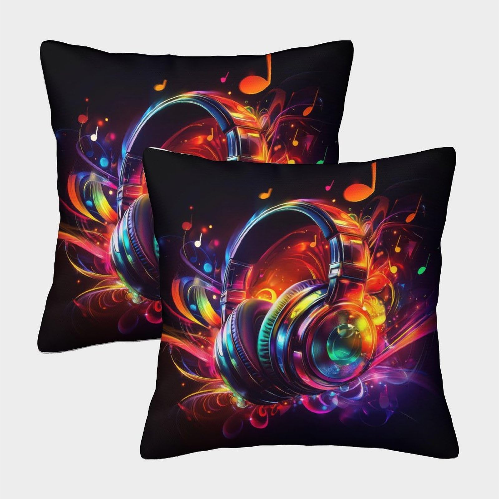 QFVANSIYO 3D Printed Colorful Music Headphone Pillowcase Microfiber Bedroom Bedding Decorative Pillow Cover for Adults Teens 40x40cm