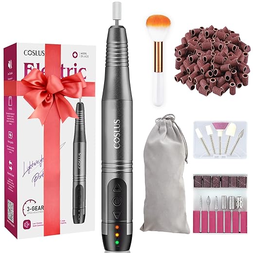 COSLUS Cordless Nail Drill Electric File: Professional for Acrylic Gel Dip Powder Nails Portable Nail Drill Machine Kit for Manicure Pedicure Nail Set with Everything Rechargeable Lightweight