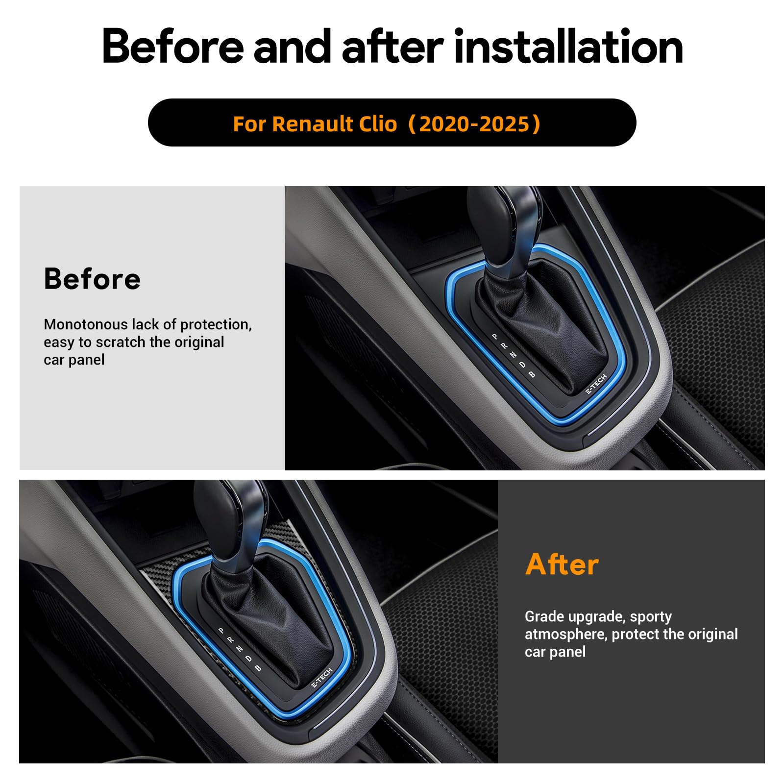 KUNGKIC Per Renault Clio 5 MK5 2025 2024 2023 2022 2021 2020 Accessori Fibra Di Carbonio Auto Pannello Cambio Telaio Ingranaggio Pannello Interno Adesivo Decorativo Regalo (Nero)