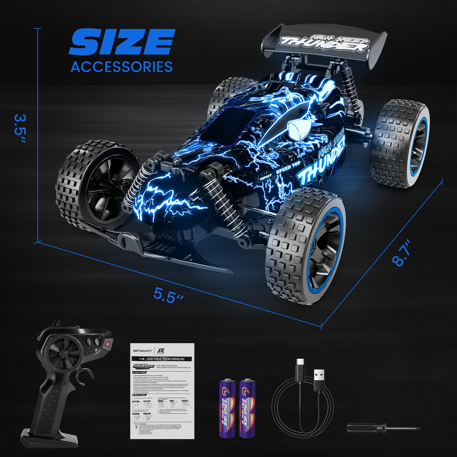 Tecnock Coche Teledirigido para Niños 1:18, Coche RC 2WD de Alta Velocidad 20 km/h, Buggy Todoterreno 2,4 GHz con Baterías Recargables para 50 Min, Regalo para Niños y Niñas